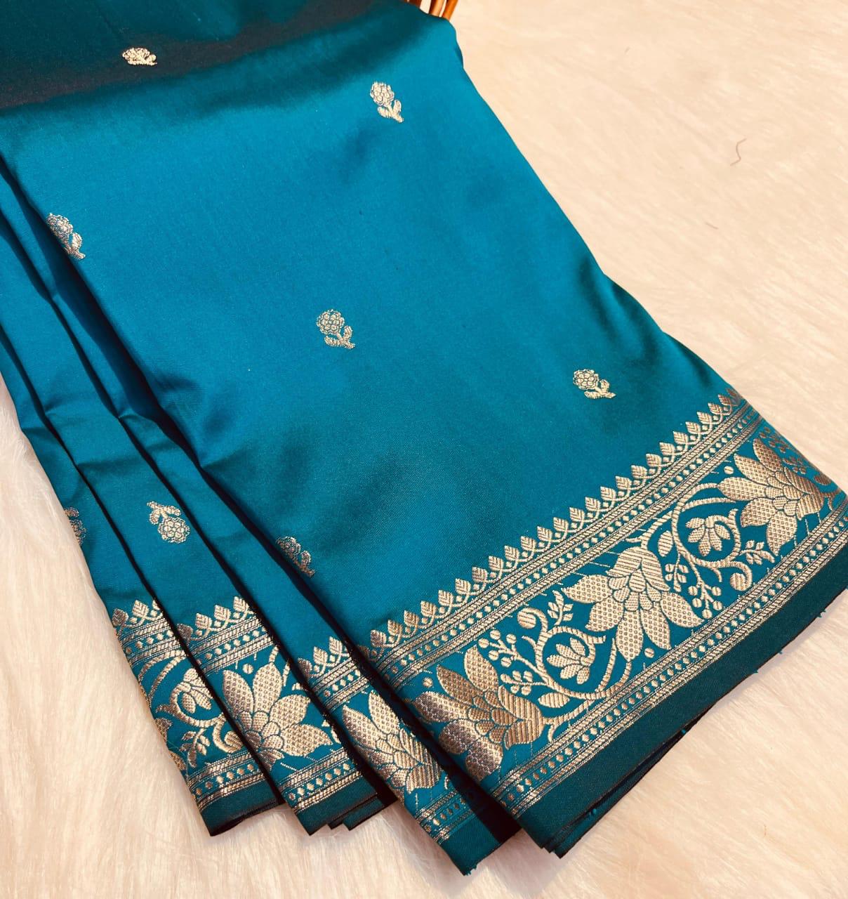 Blue with Golden Flower design Banarasi Silk Saree