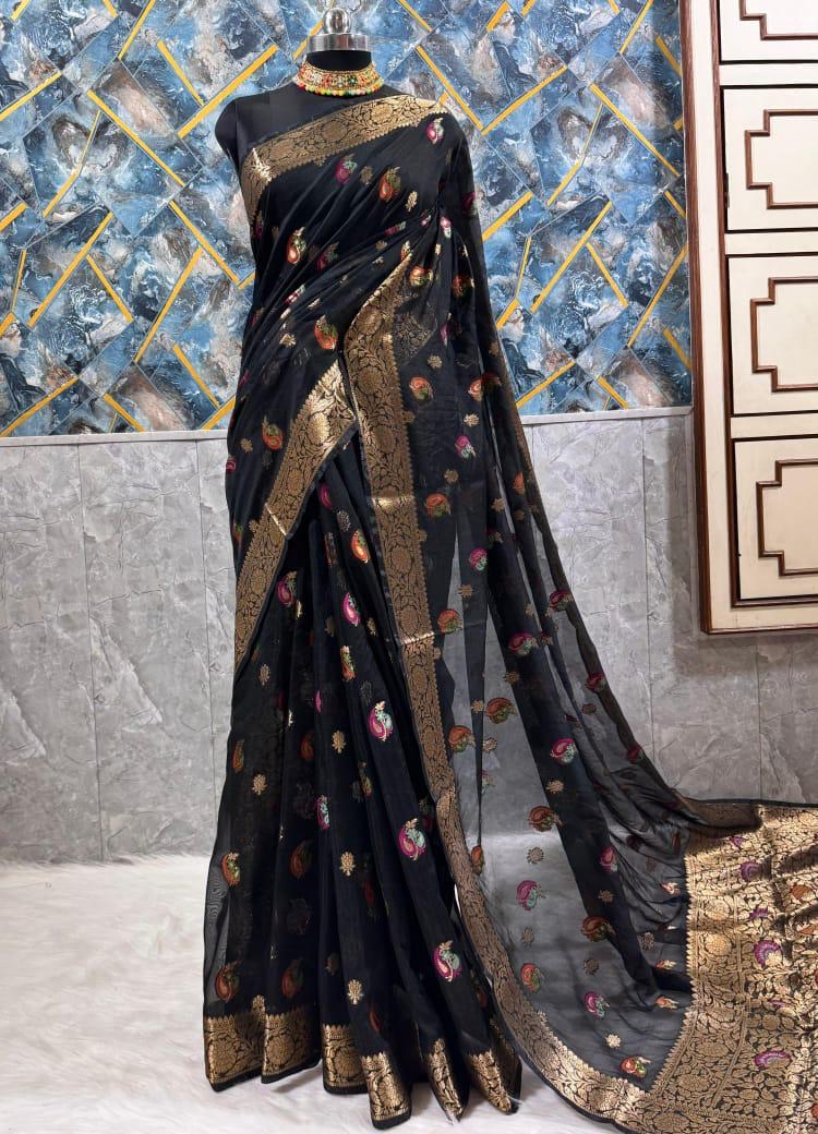 Elegant Black Floral Banarsi Silk Saree