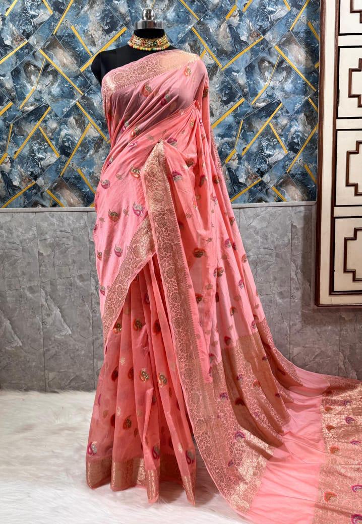 Elegant Peach Embroidered Banarsi Silk Saree