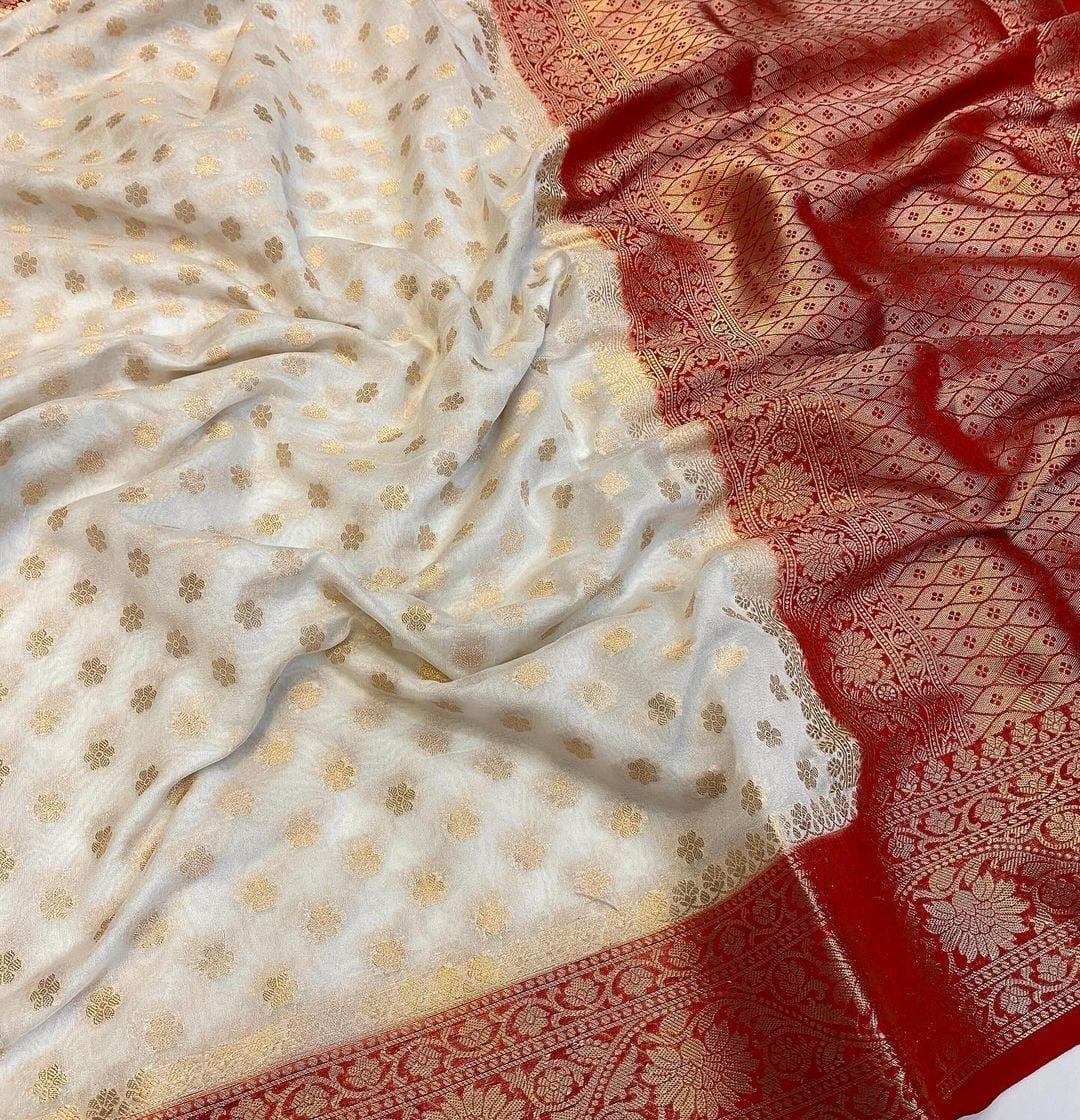 Banarasi Georgette Silk Saree - White with Golden Border