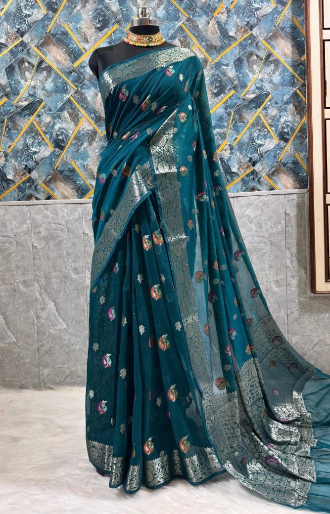 Elegant Teal Banarsi Silk Saree