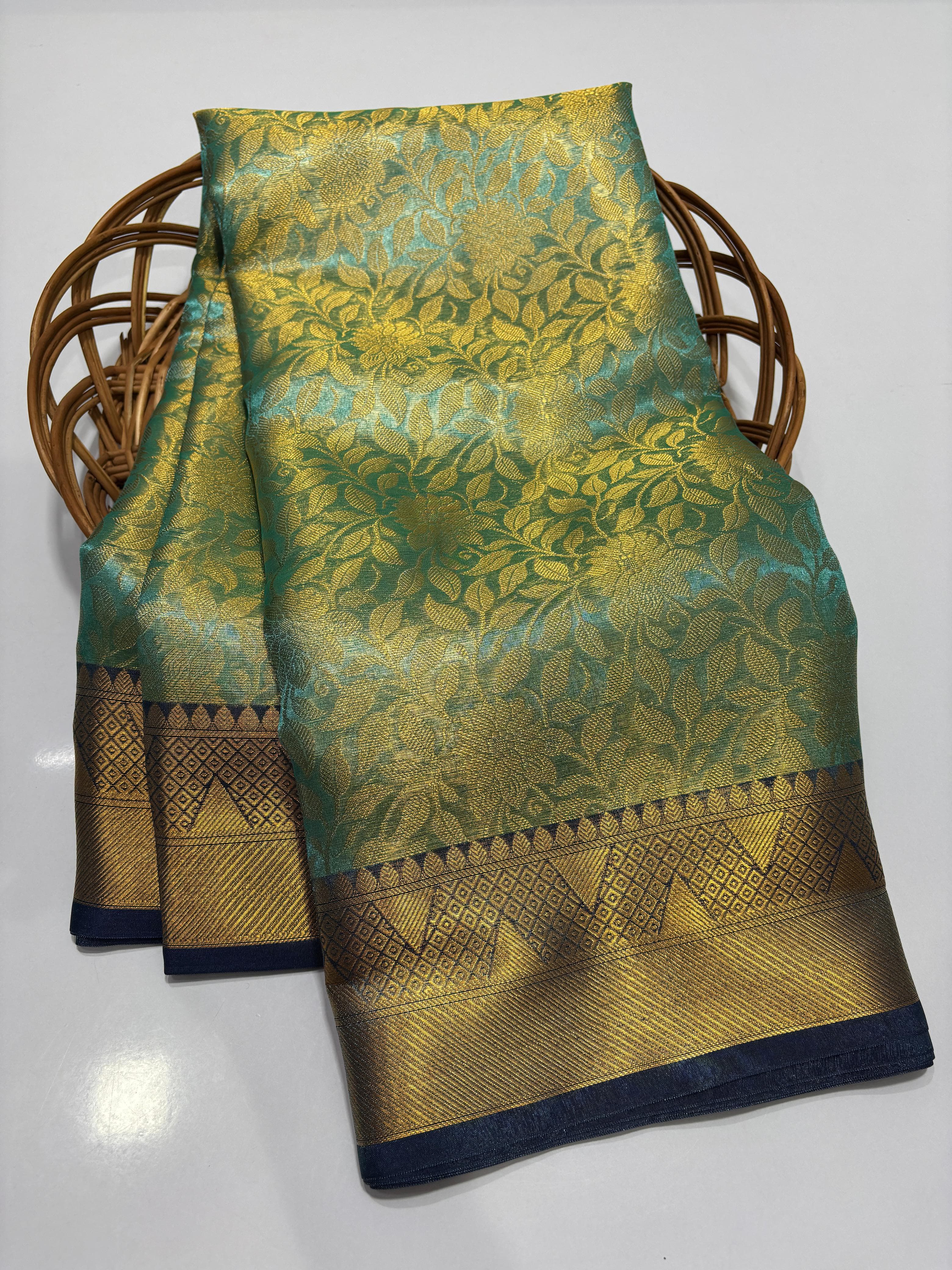 Majestic Sea Green Brocade Kanjivaram Saree with Royal Blue Zari Border