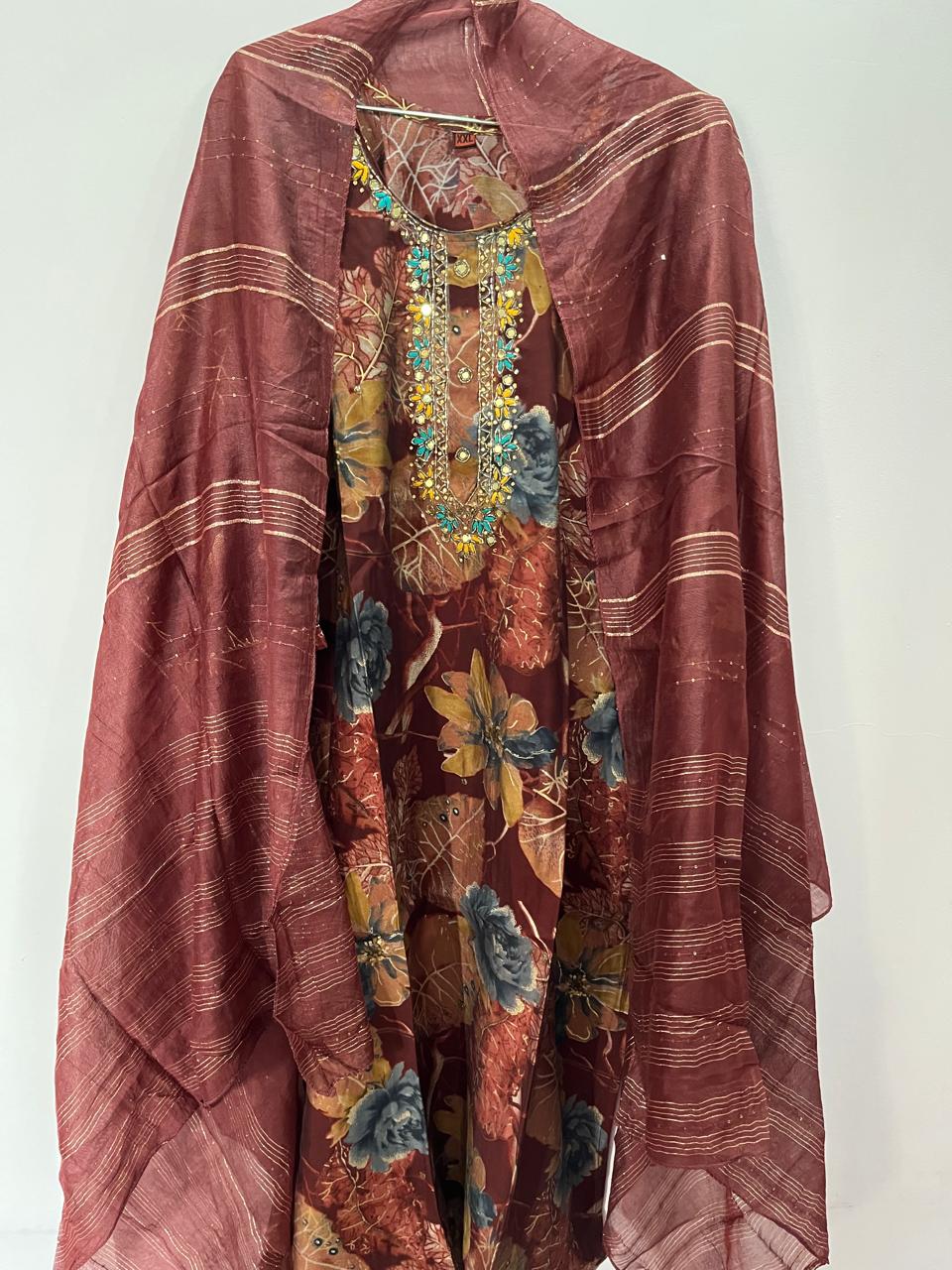 Vibrant Floral Muslin Silk 3-Piece Suit Set with Grand Embellished Neckline