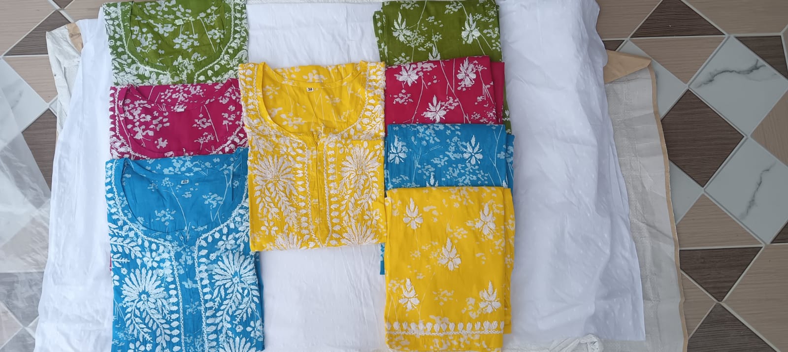 Vibrant Hand-Embroidered Chikankari Cotton Kurti & Bottom Set