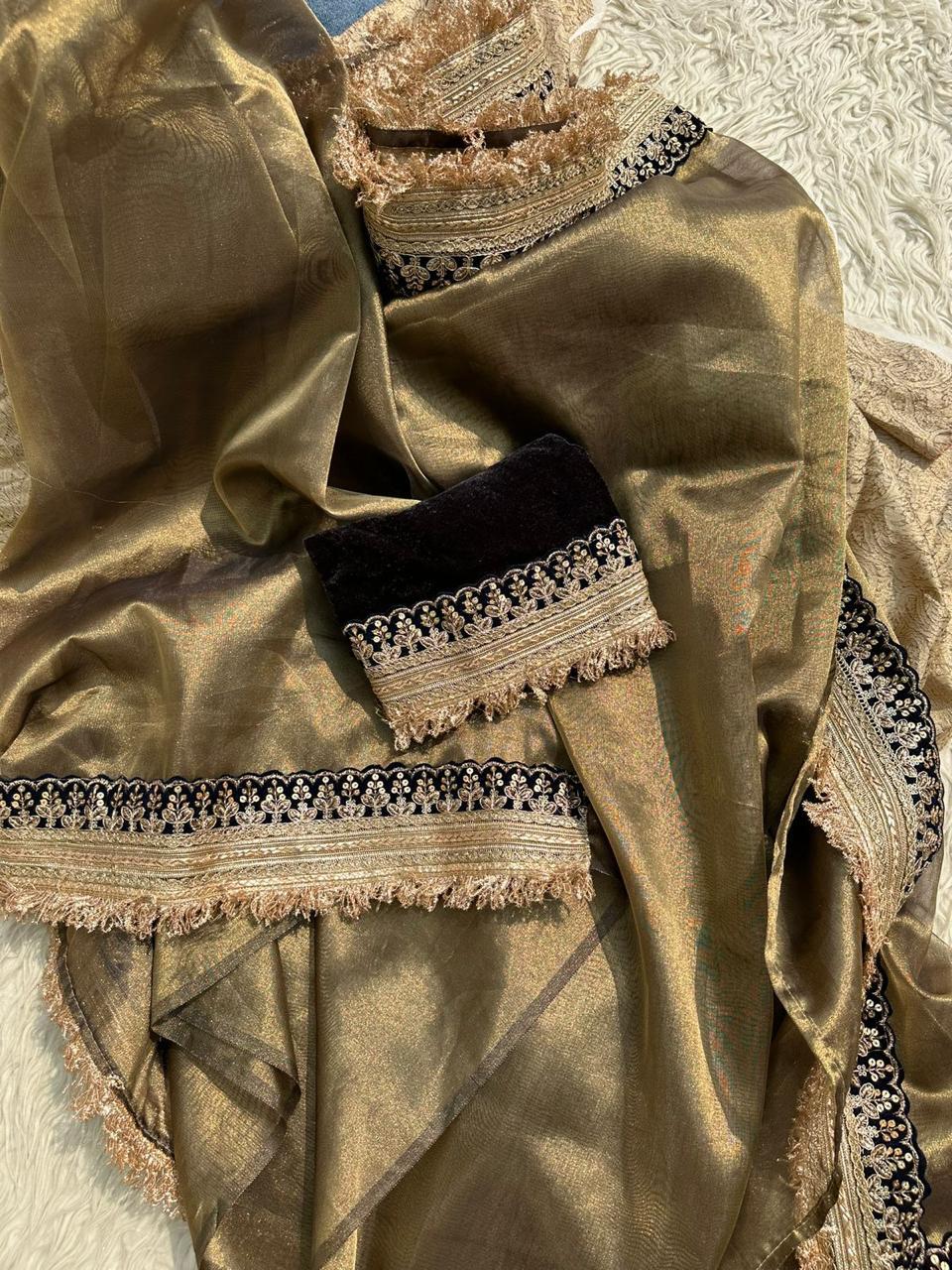 Glamorous Antique Gold Tissue Saree with Black Embroidered Border