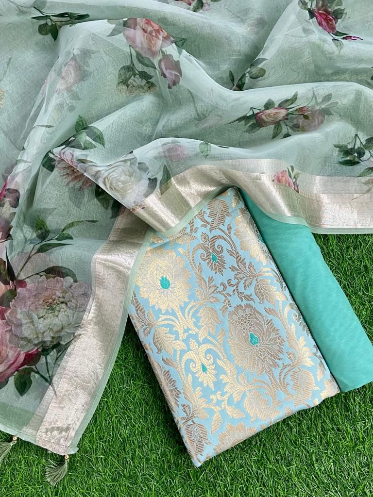 Designer Unstitched Suit Set in Kimkhab Brocade and Digital Print Chanderi