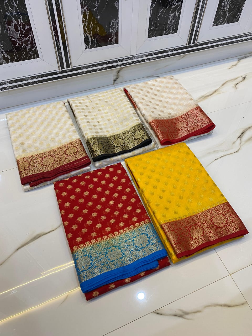 Banarasi Georgette Silk Saree  - White with Golden Border