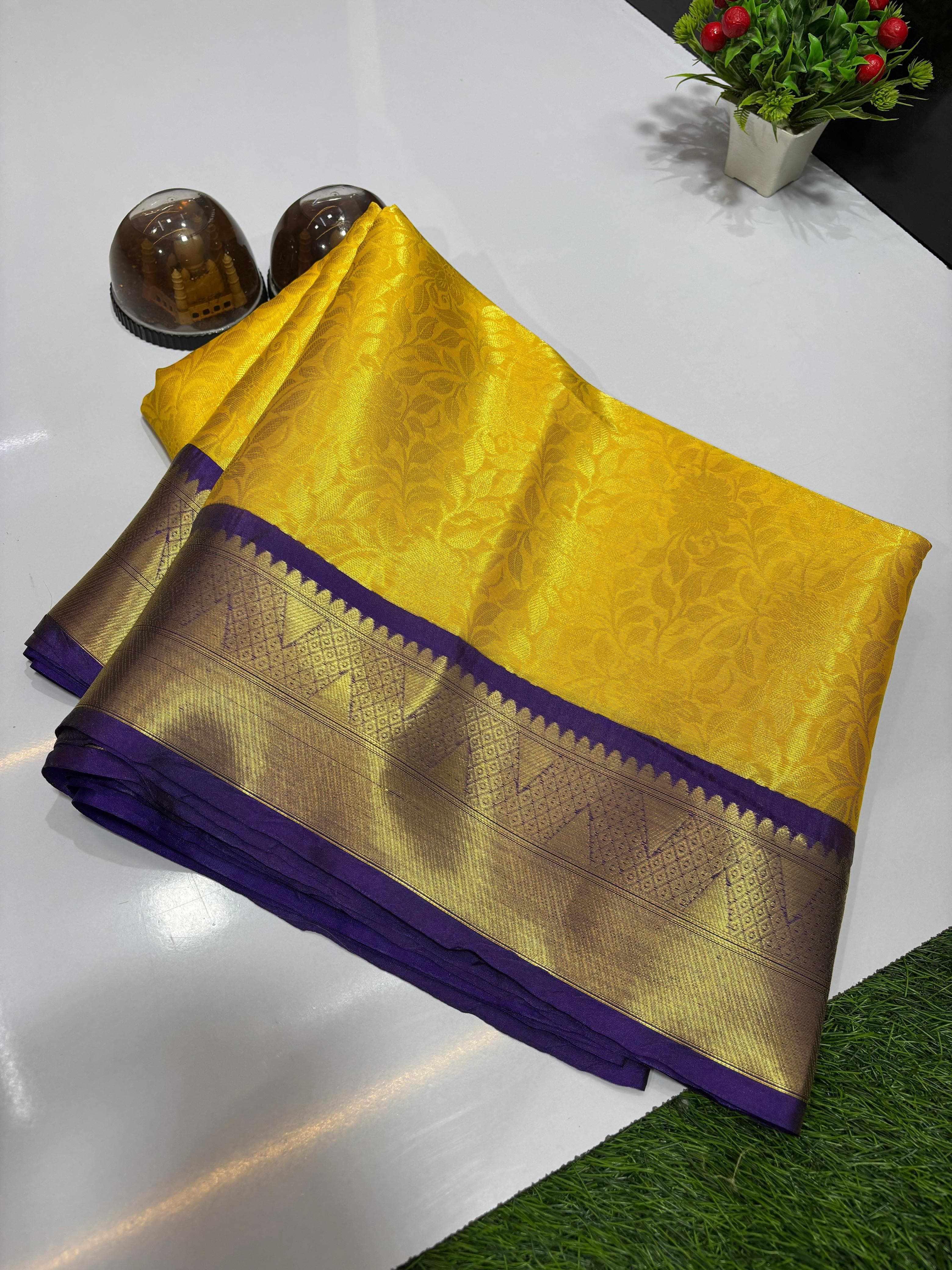 Radiant Mango Yellow Kanjivaram Silk Saree with Royal Purple Zari Border