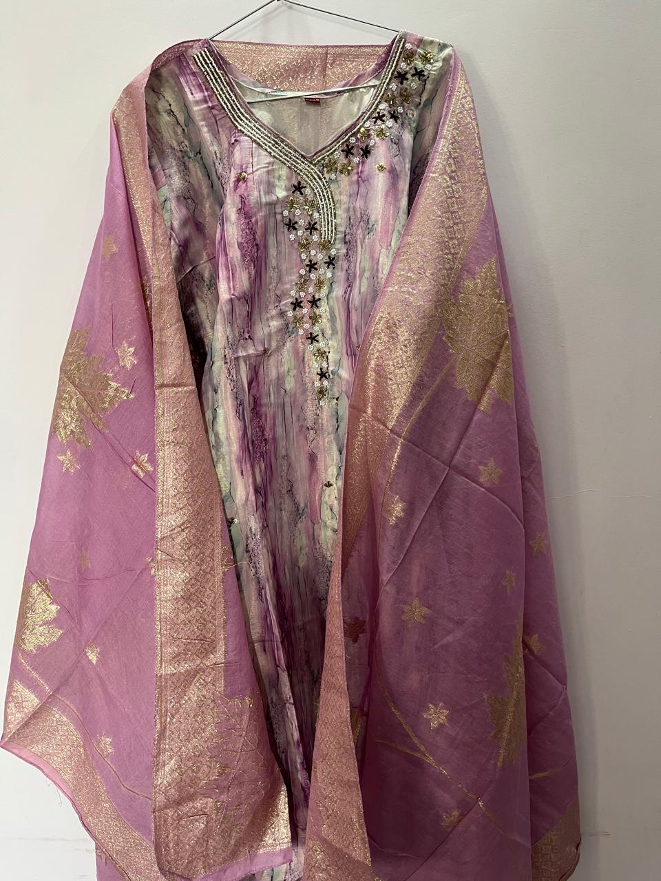 legant Chanderi Silk 3-Piece Suit Set with Embroidered Neckline