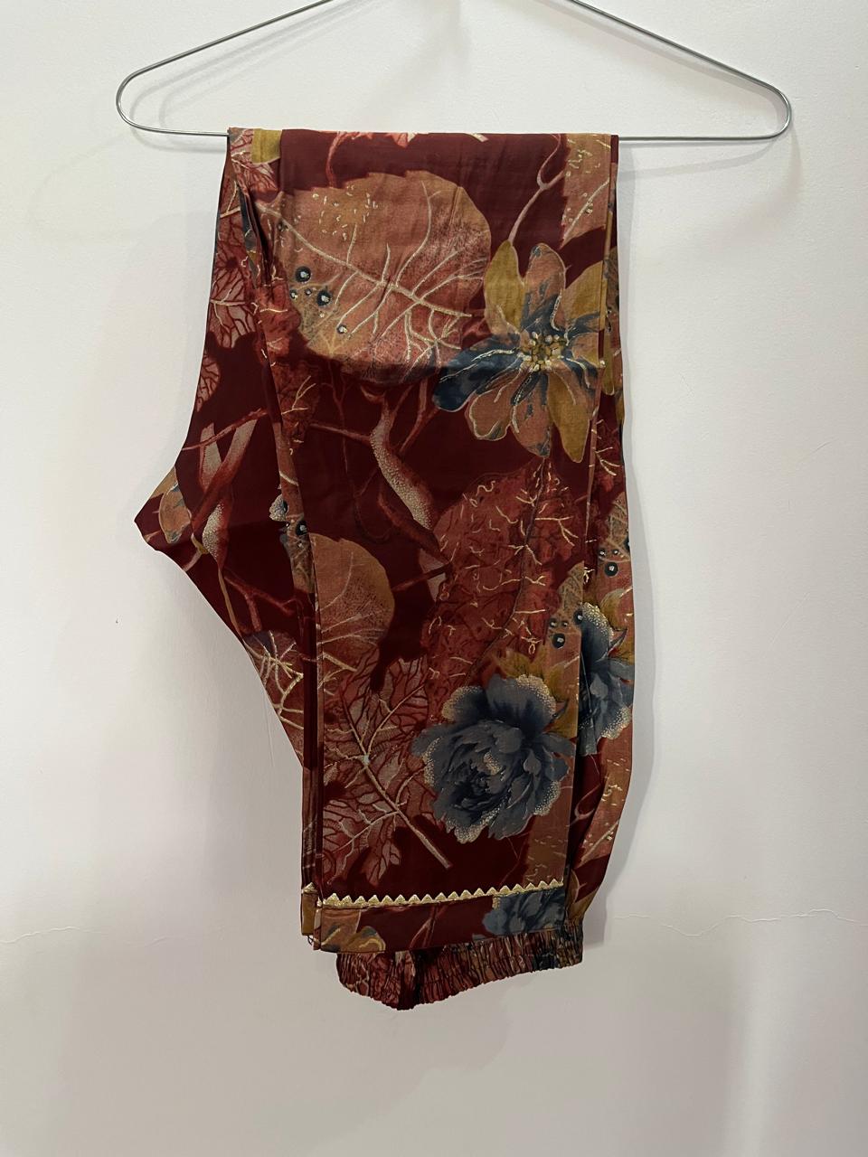 Vibrant Floral Muslin Silk 3-Piece Suit Set with Grand Embellished Neckline