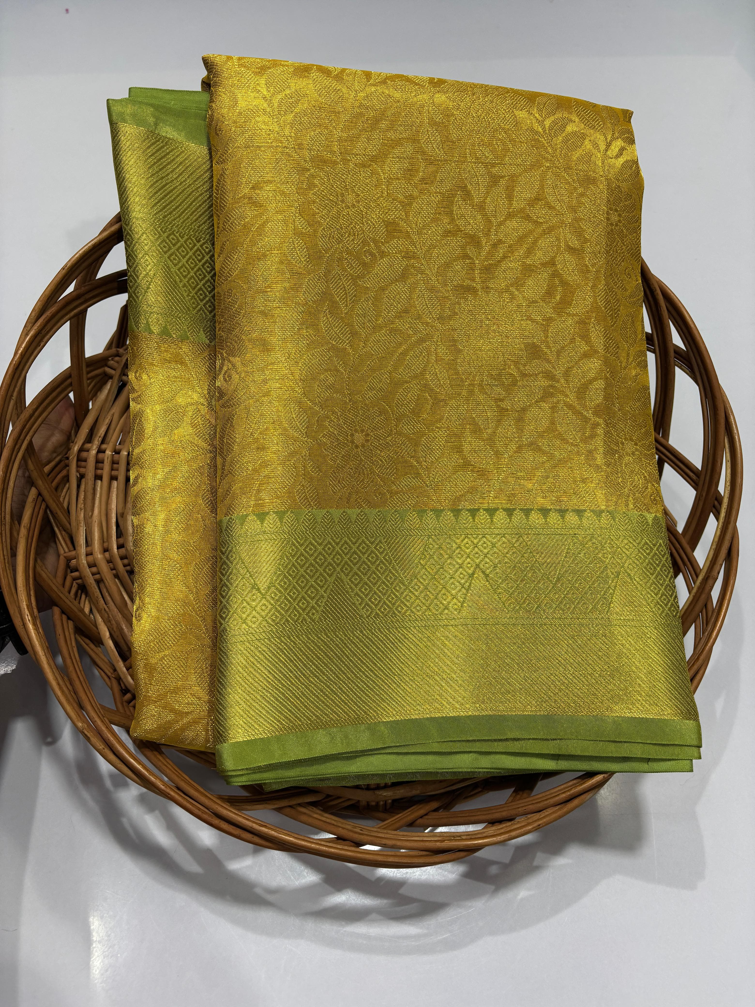 Exquisite Mehendi Gold Brocade Kanjivaram Saree with Parrot Green Border
