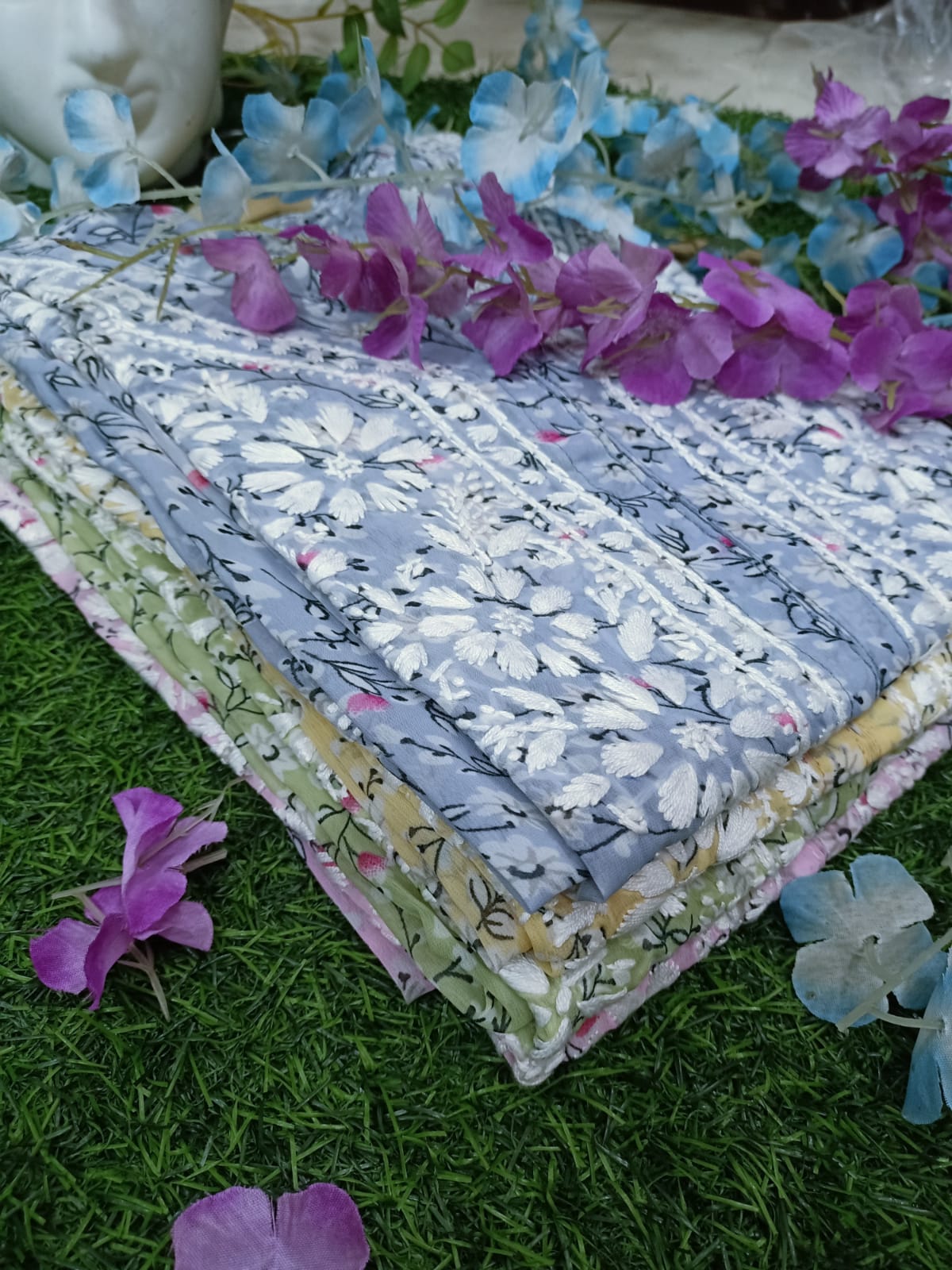 Hand-Embroidered Chikankari Cotton Kurti with Floral Print