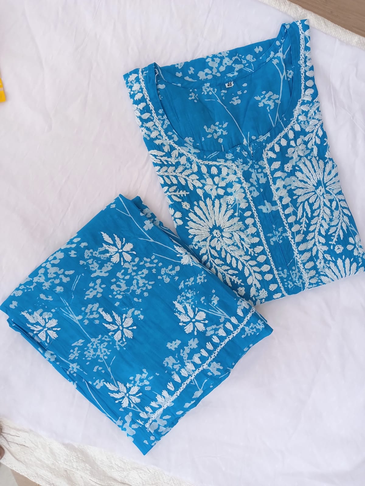 Vibrant Hand-Embroidered Chikankari Cotton Kurti & Bottom Set