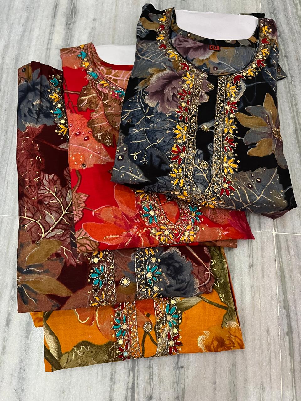 Vibrant Floral Muslin Silk 3-Piece Suit Set with Grand Embellished Neckline