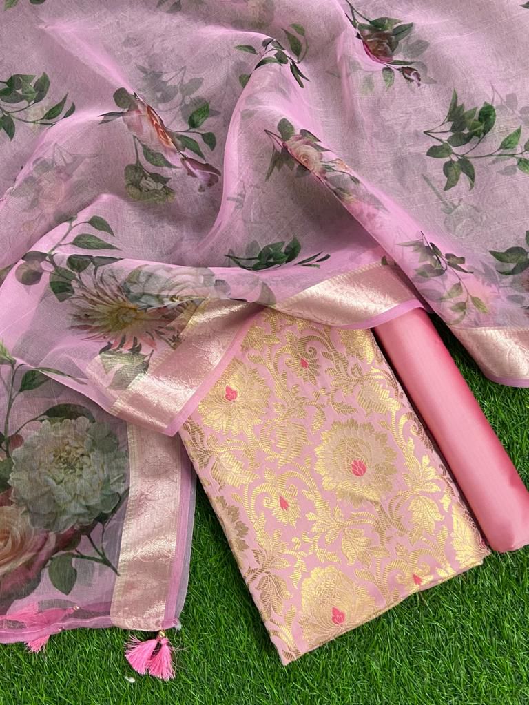 Designer Unstitched Suit Set in Kimkhab Brocade and Digital Print Chanderi