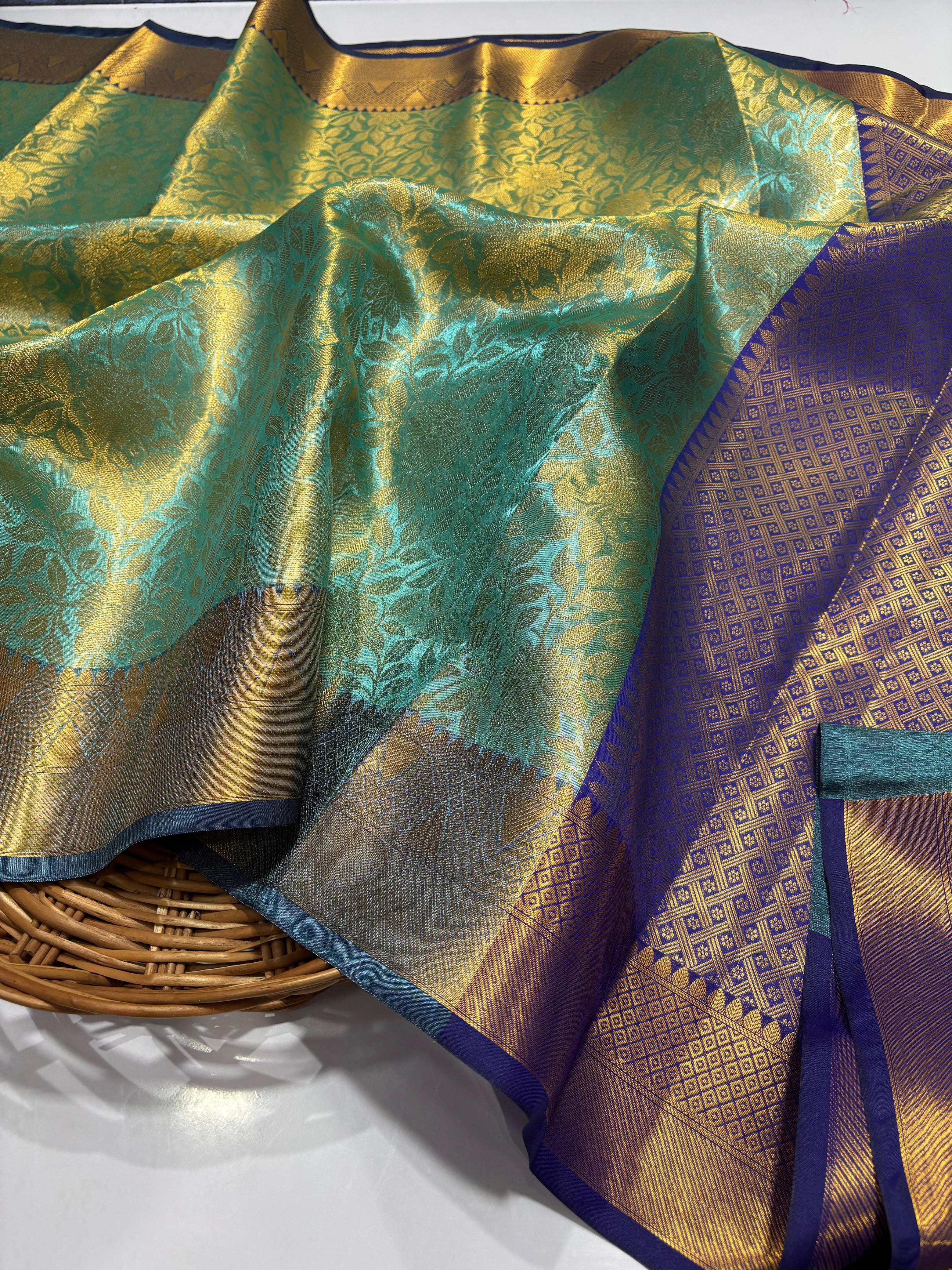 Majestic Sea Green Brocade Kanjivaram Saree with Royal Blue Zari Border
