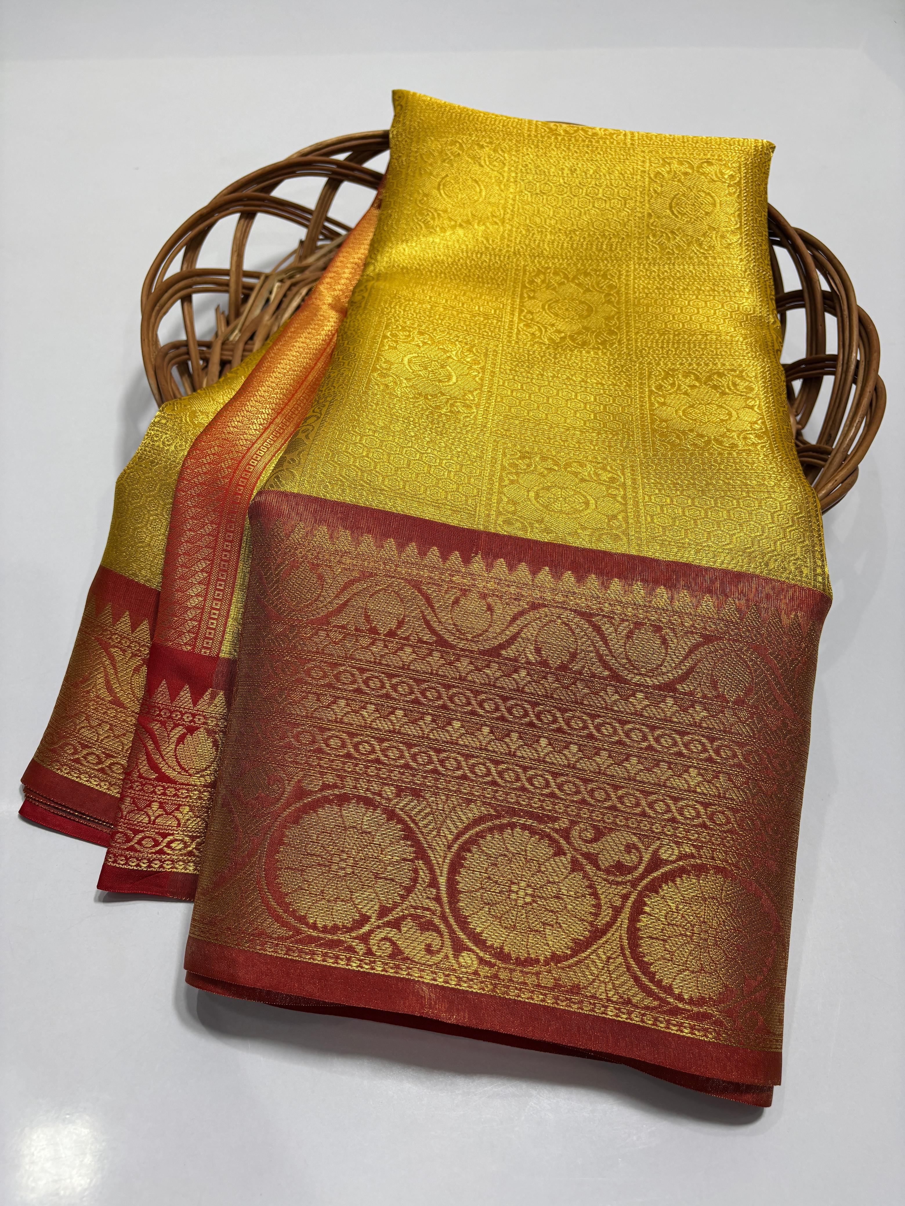 Gorgeous Golden Yellow Kanjivaram Silk Saree with Rich Red Border