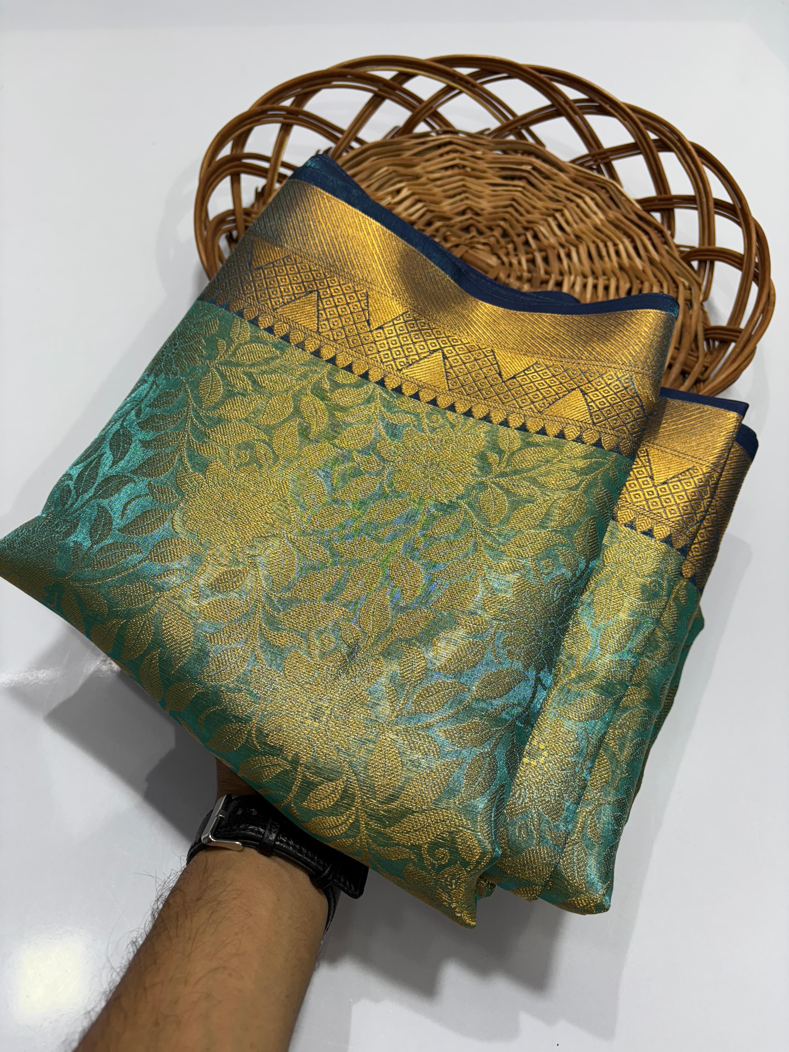 Majestic Sea Green Brocade Kanjivaram Saree with Royal Blue Zari Border