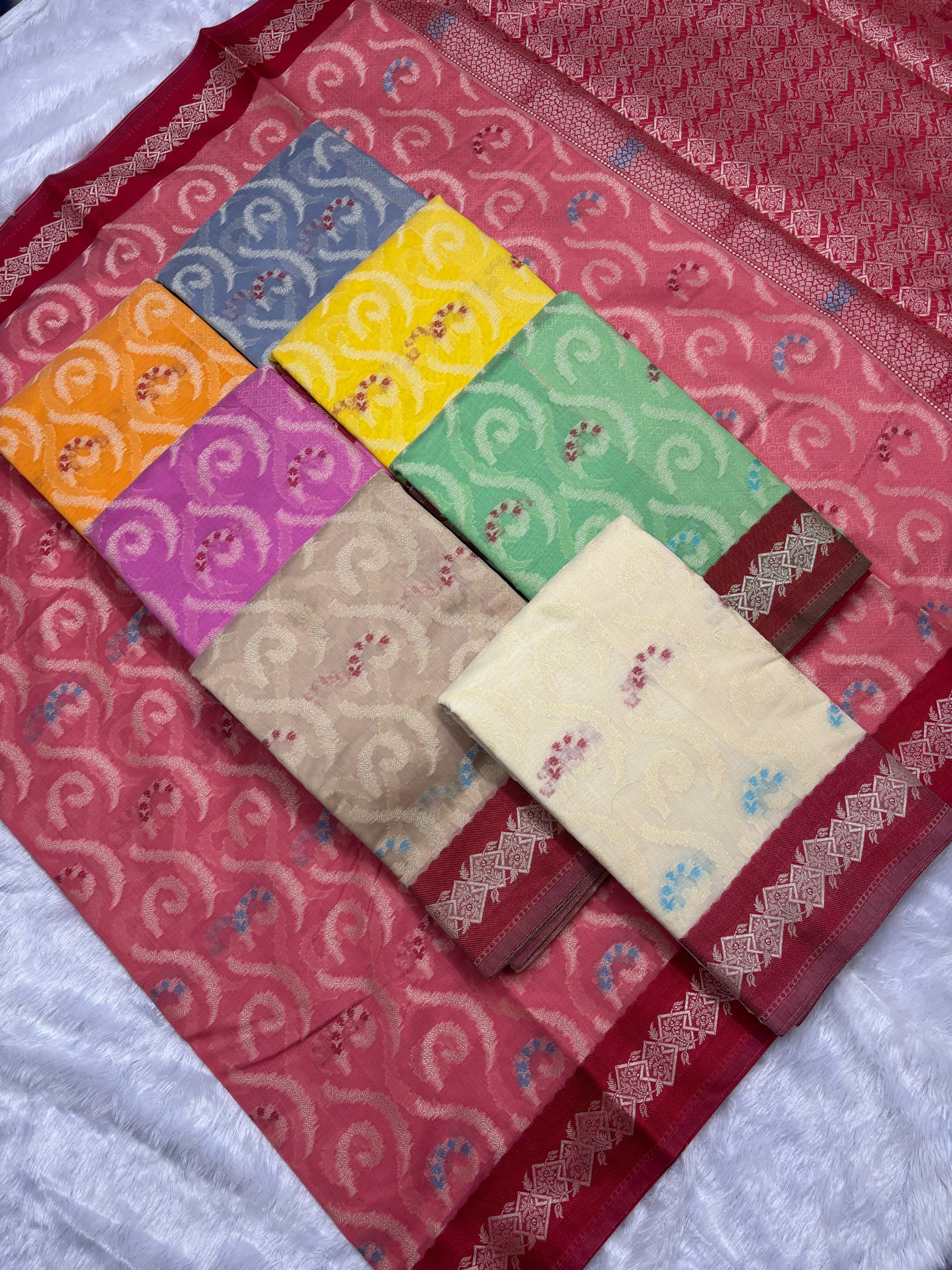 Elegant Handloom Cotton Saree with Paisley Jaal and Meenakari Accents