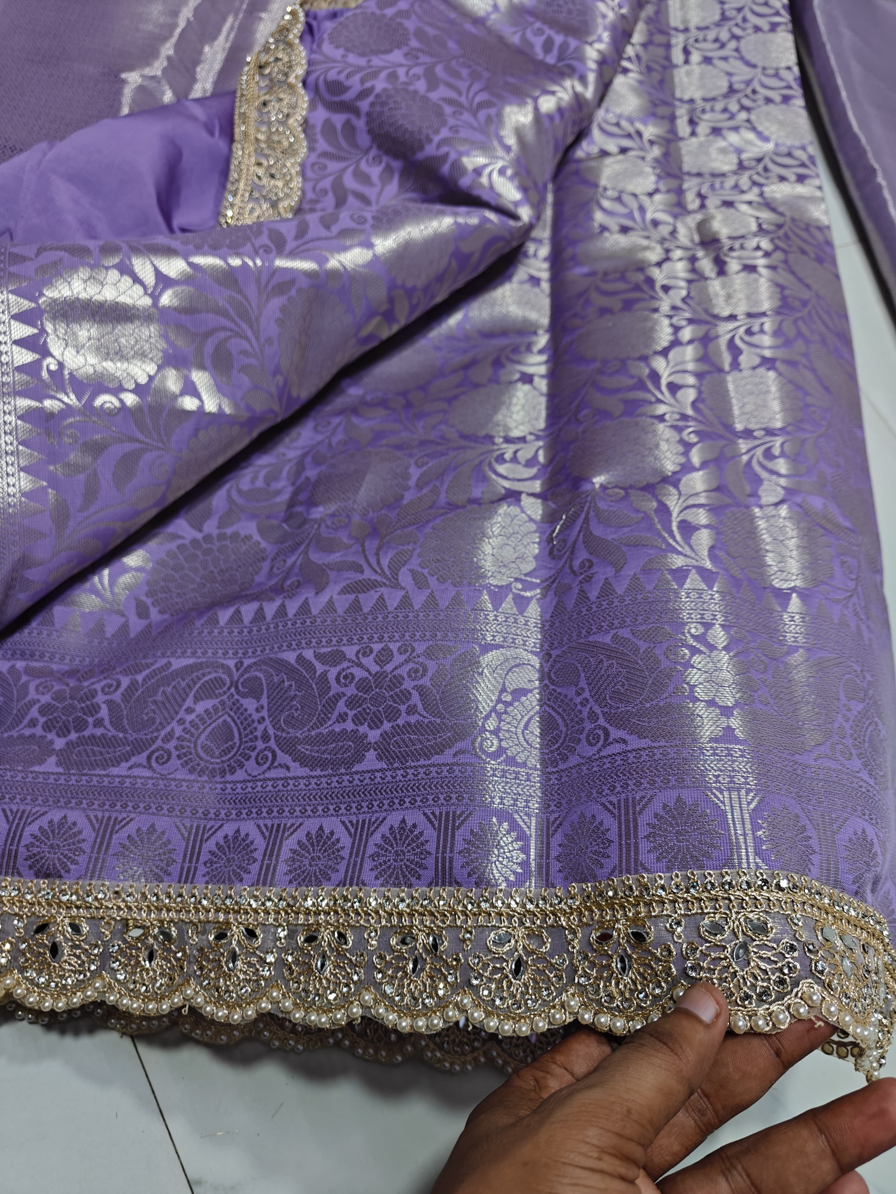 Ethereal Lavender Tissue Silk Saree with Hand-Embellished Pearl Border