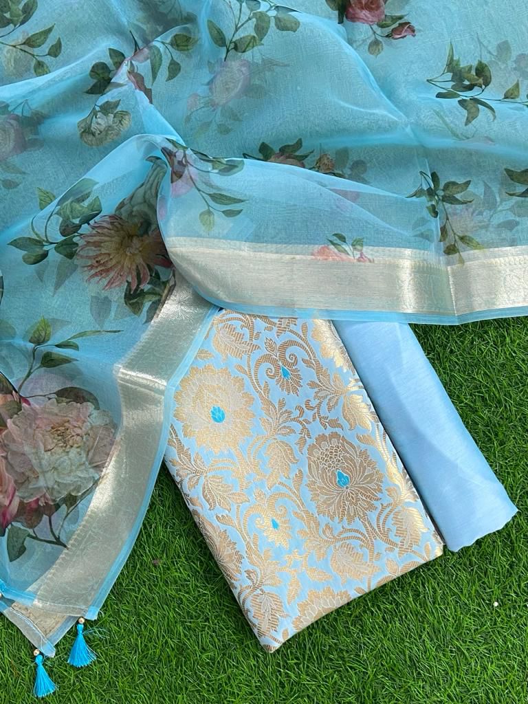 Designer Unstitched Suit Set in Kimkhab Brocade and Digital Print Chanderi