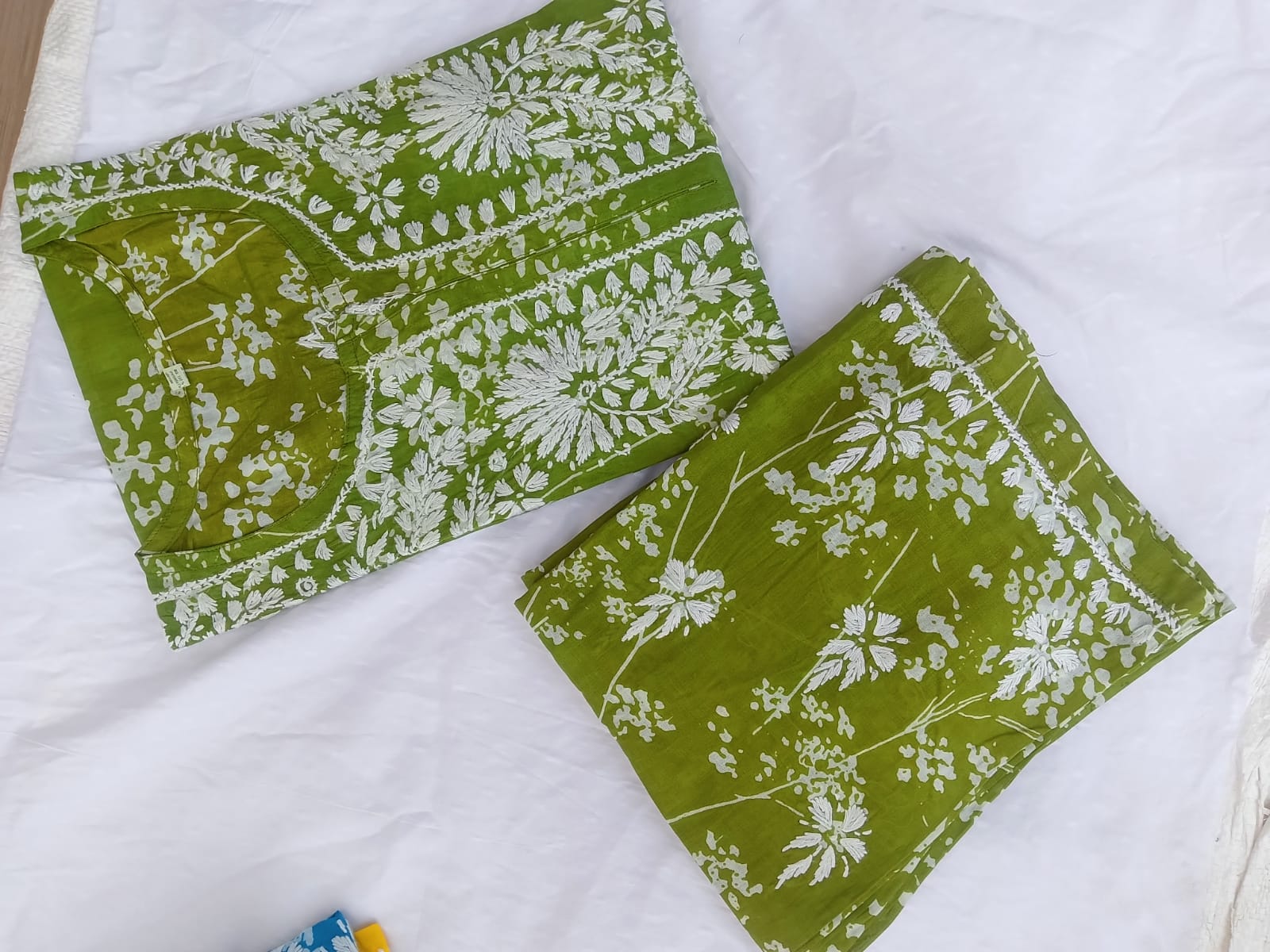 Vibrant Hand-Embroidered Chikankari Cotton Kurti & Bottom Set