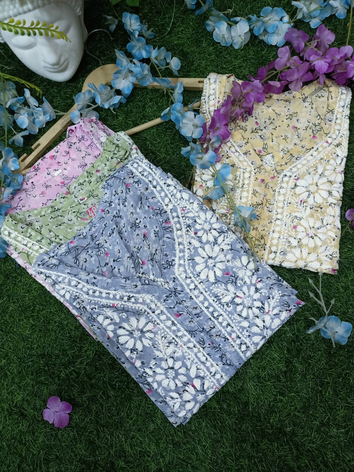 Hand-Embroidered Chikankari Cotton Kurti with Floral Print