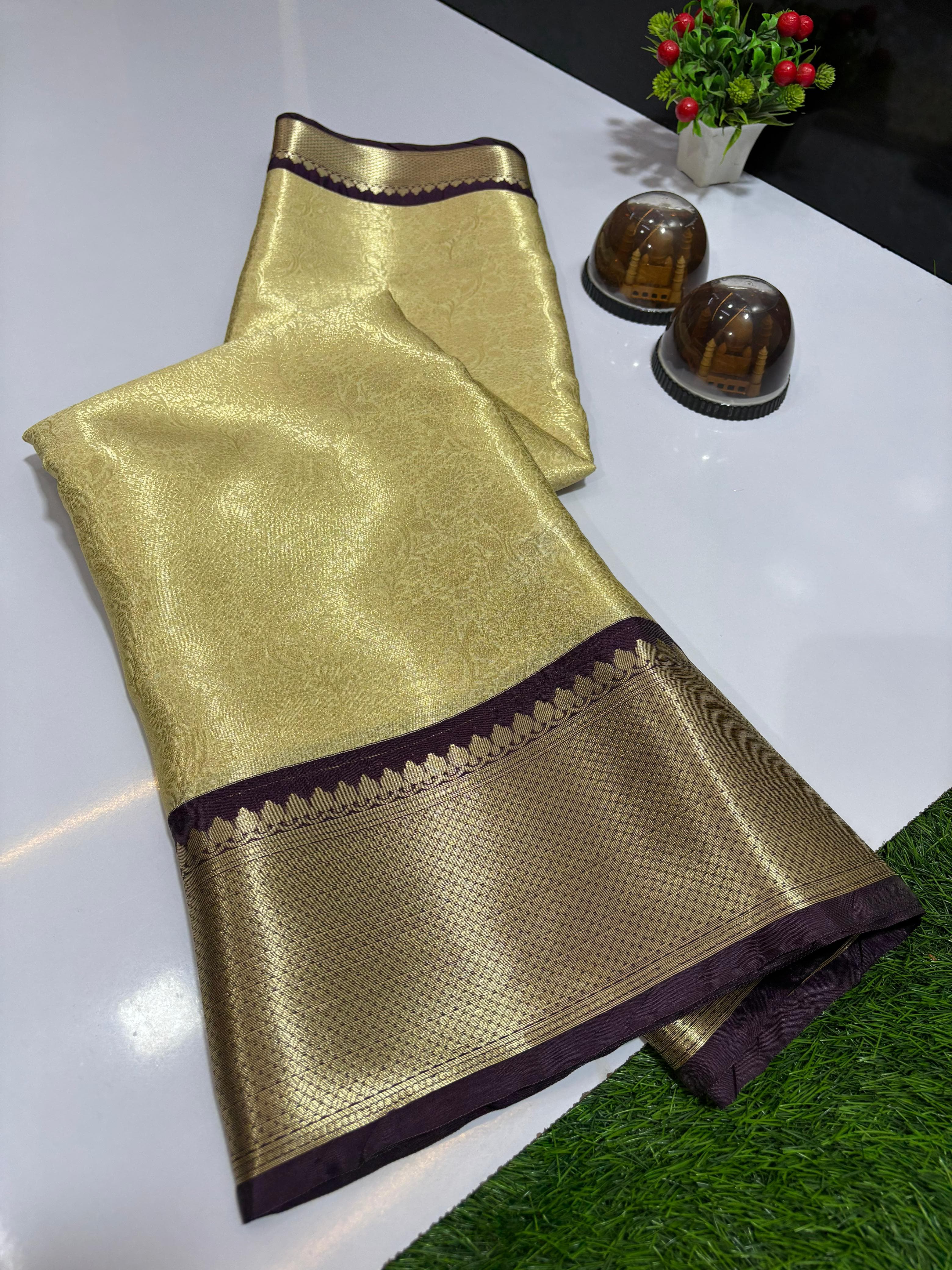 Elegant Pale Gold Kanjivaram Silk Saree with Rich Purple Zari Border