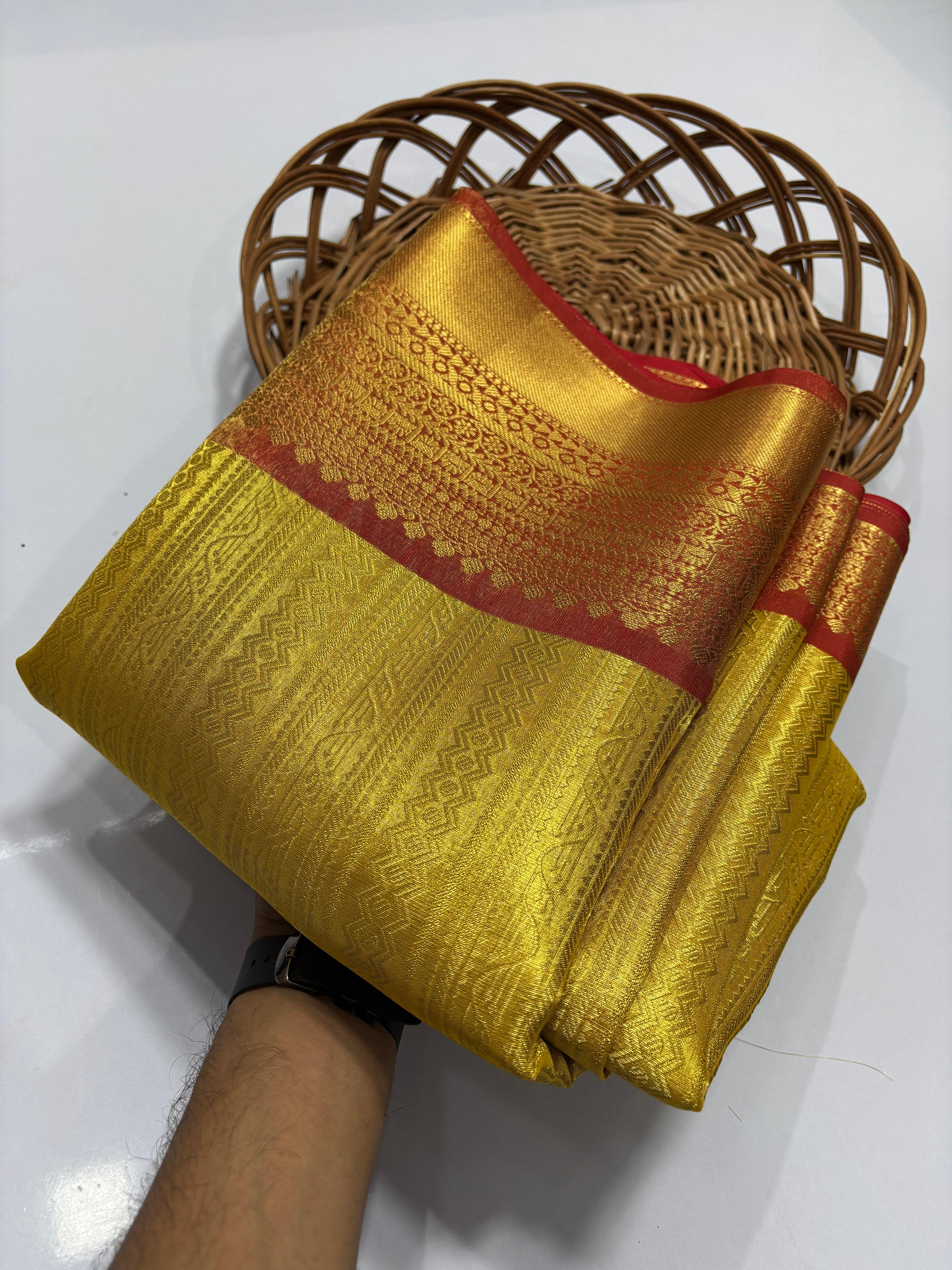 Regal Gold Kanjivaram Pure Silk Saree with Traditional Maroon Zari Border