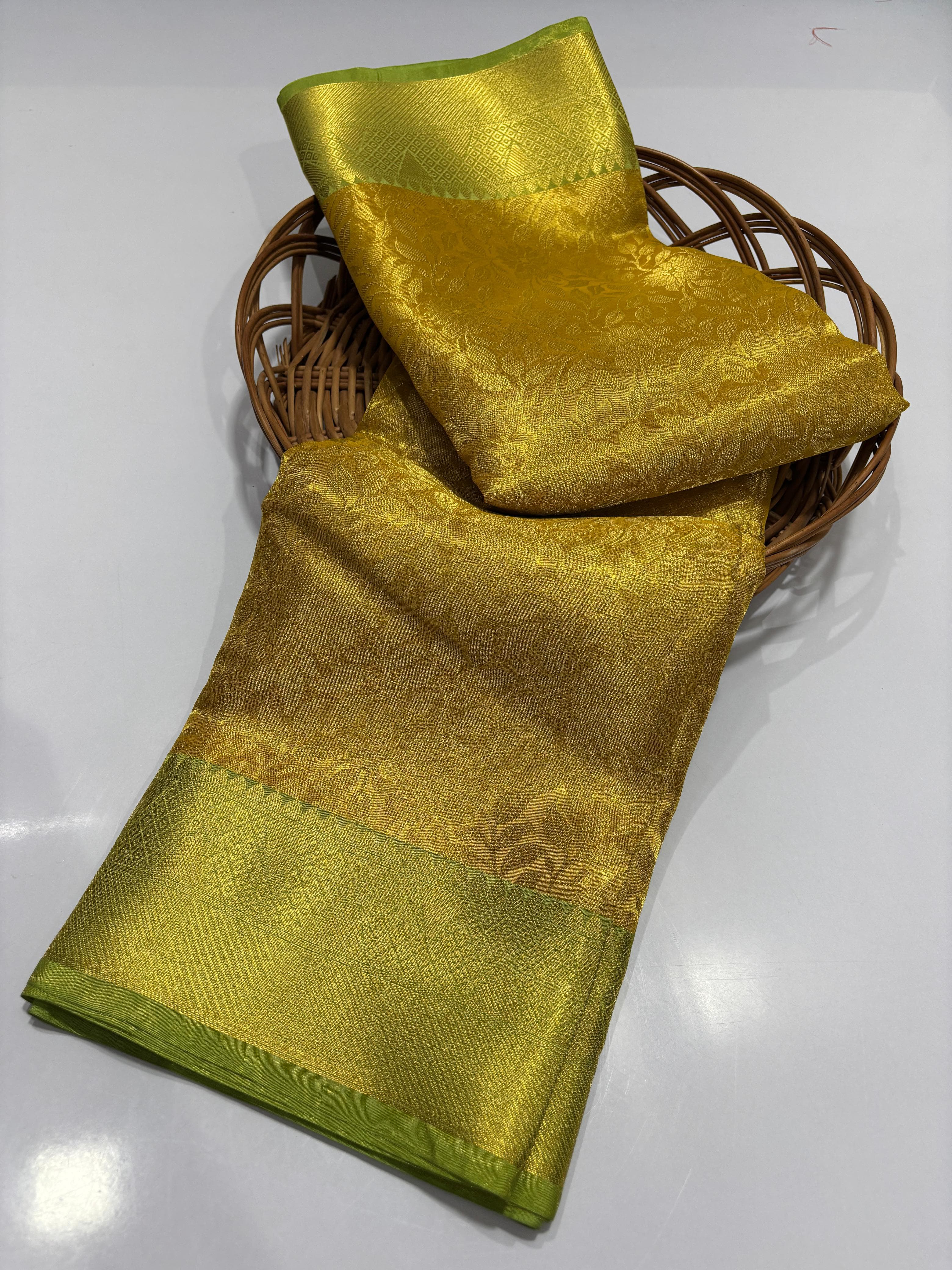 Exquisite Mehendi Gold Brocade Kanjivaram Saree with Parrot Green Border