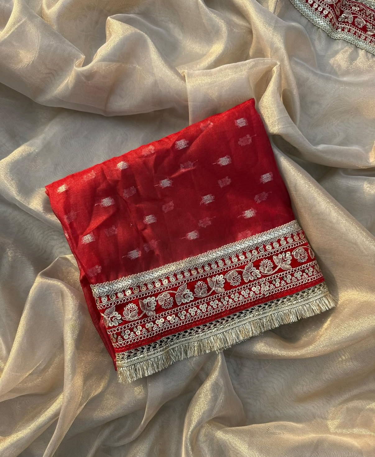 Glamorous Beige Tissue Silk Saree with Red Embroidered Border