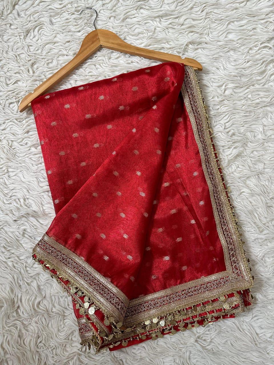Festive Shimmer Tissue Saree with Polka Dots and Coin Lace Border