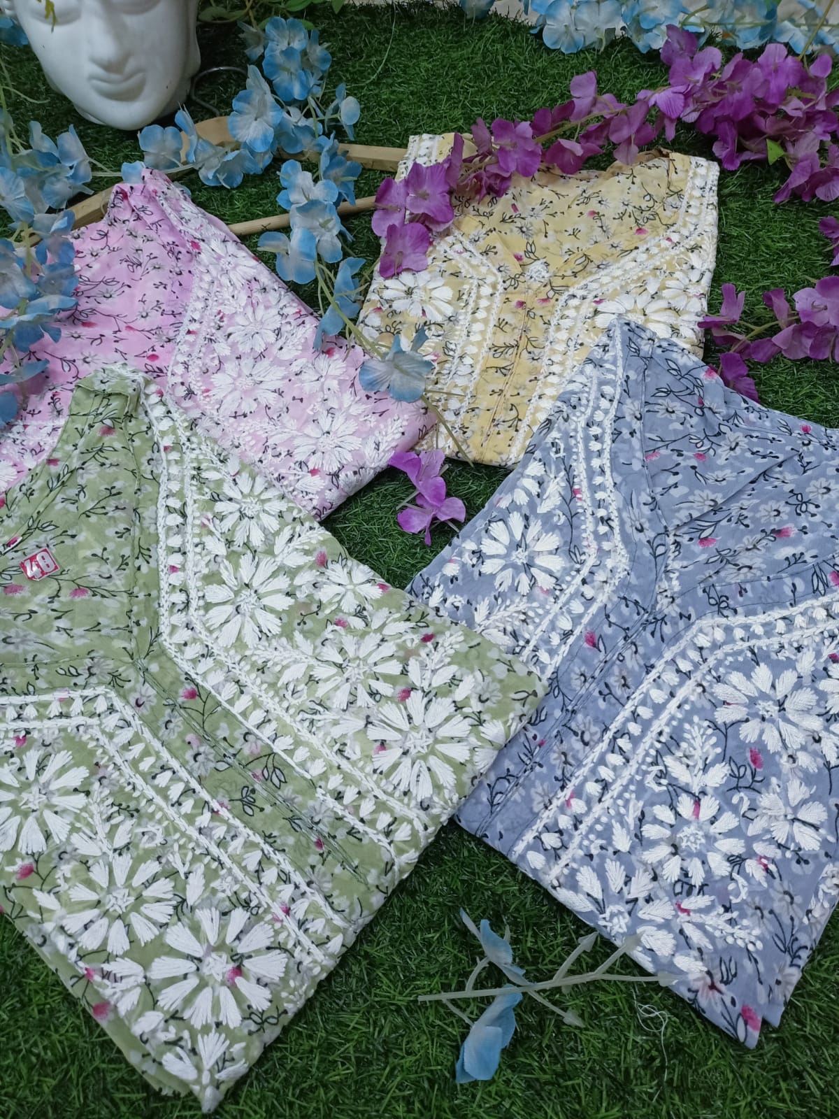 Hand-Embroidered Chikankari Cotton Kurti with Floral Print