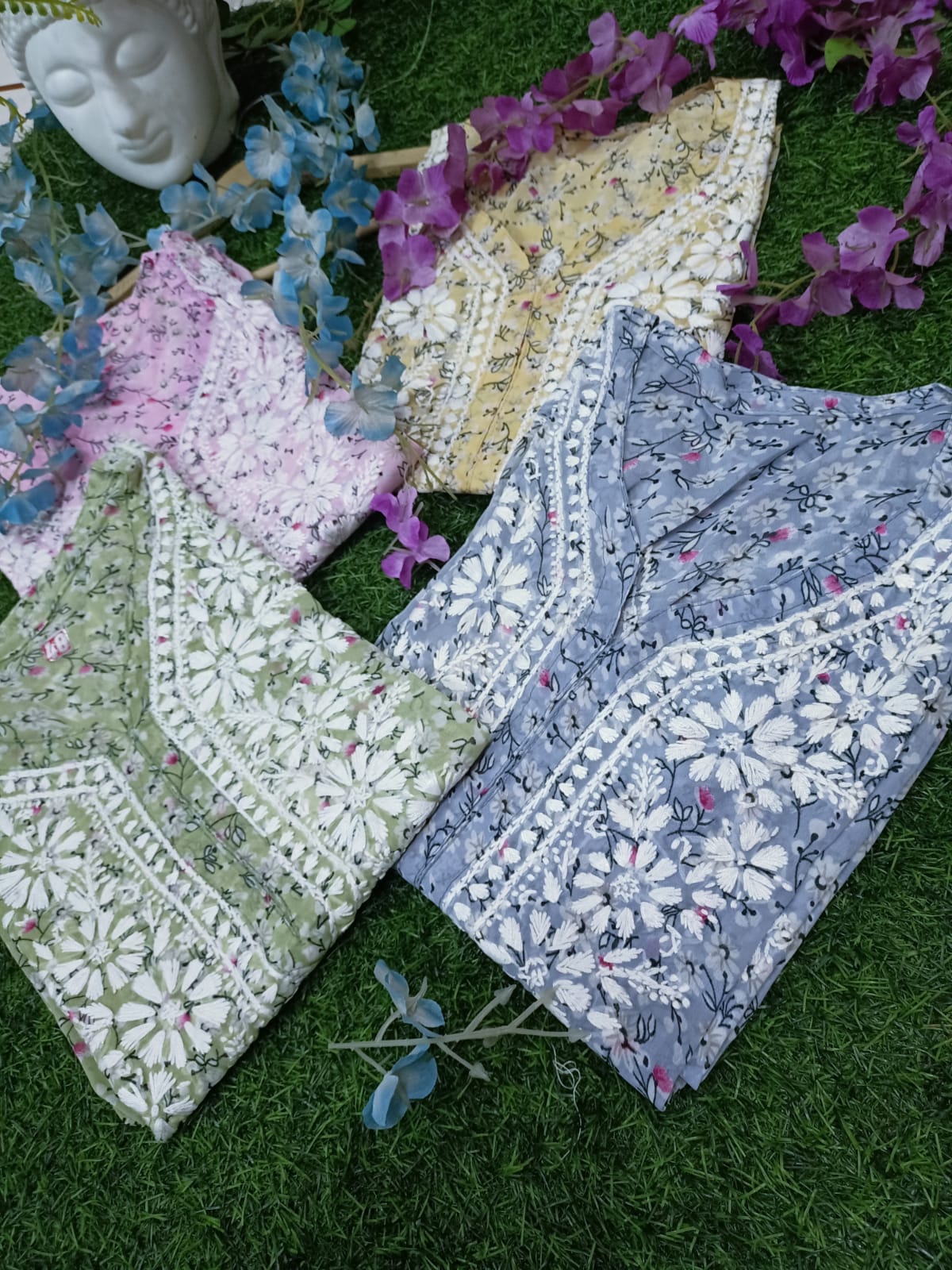 Hand-Embroidered Chikankari Cotton Kurti with Floral Print