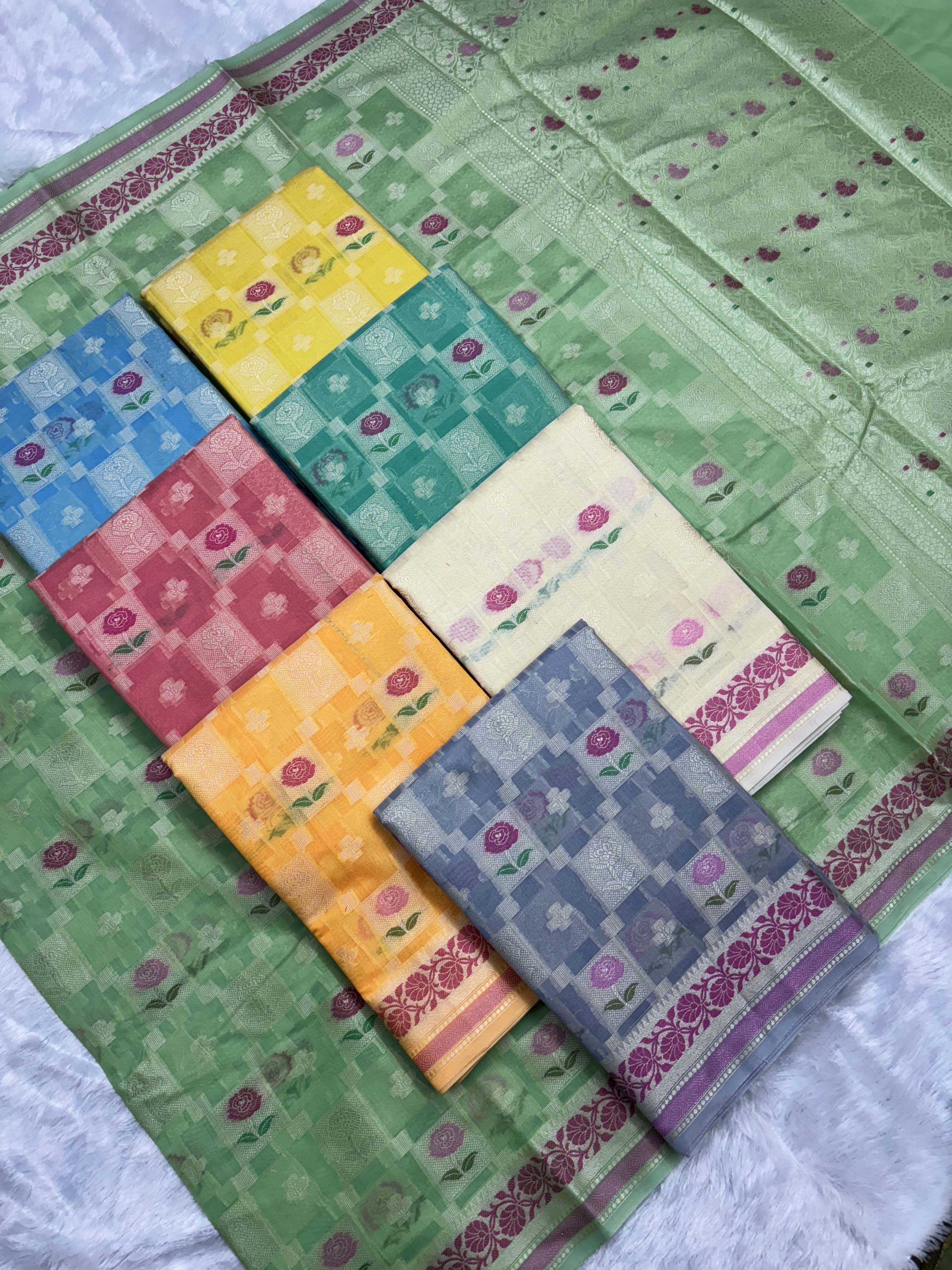 Charming Cotton Saree with Check Pattern and Meenakari Rose Motifs