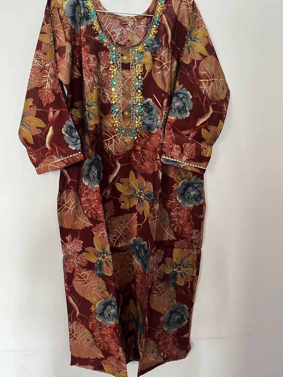 Vibrant Floral Muslin Silk 3-Piece Suit Set with Grand Embellished Neckline
