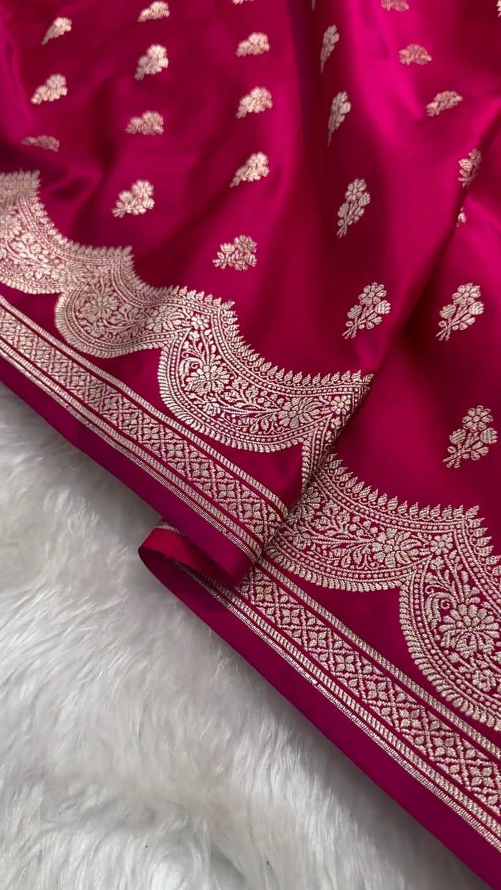 Magnificent Bridal Mashru Banarasi Silk Saree with Semi Moon Golden Zari Work