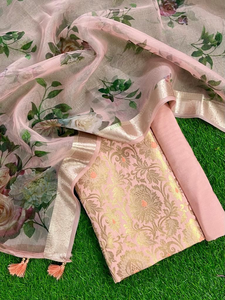 Designer Unstitched Suit Set in Kimkhab Brocade and Digital Print Chanderi