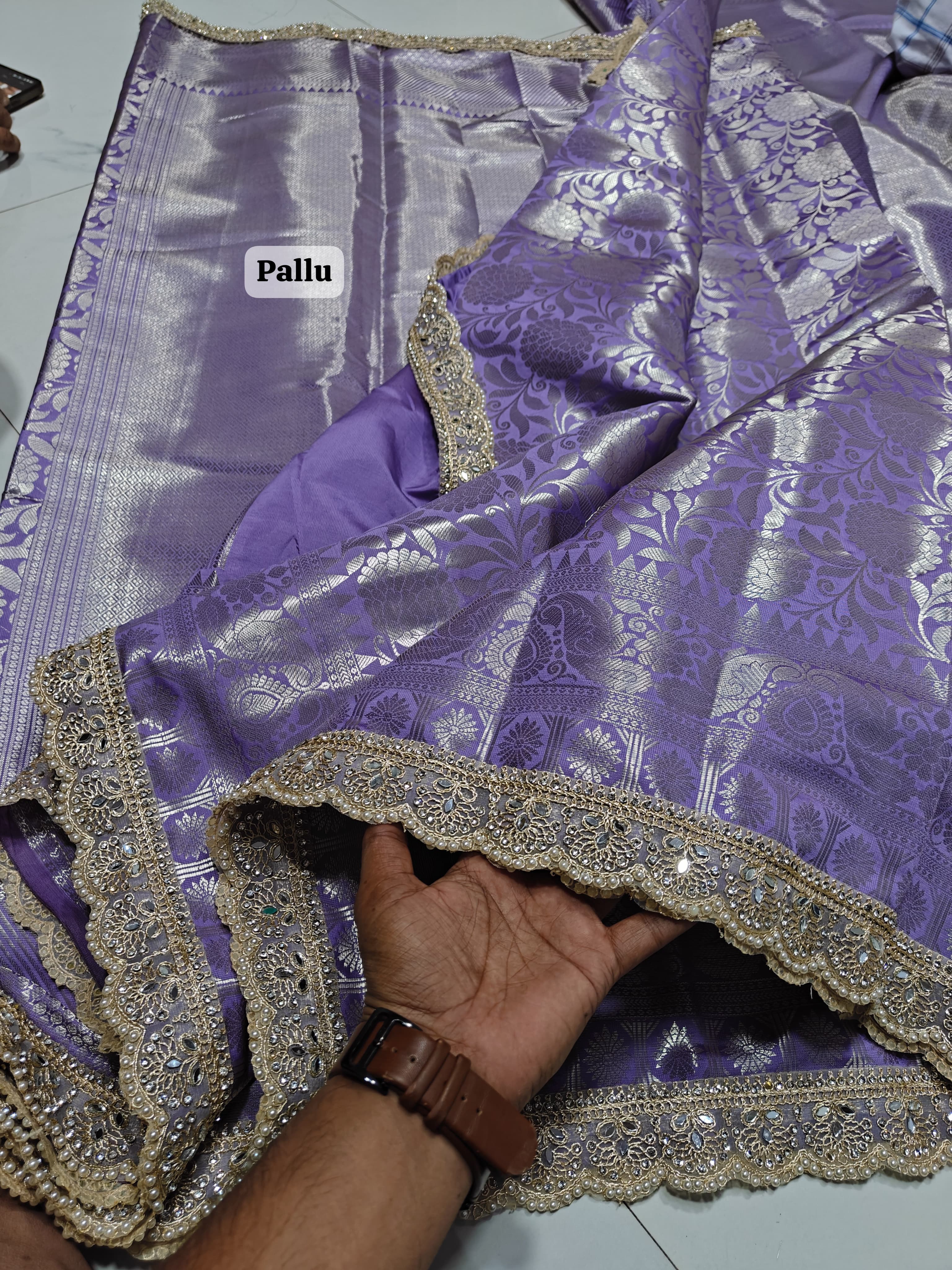 Ethereal Lavender Tissue Silk Saree with Hand-Embellished Pearl Border