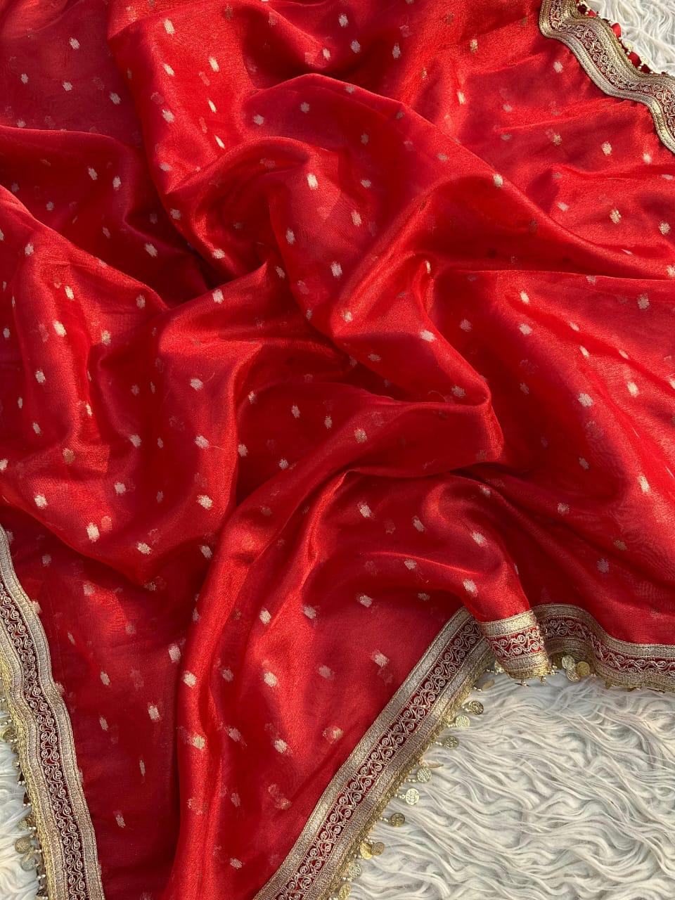 Festive Shimmer Tissue Saree with Polka Dots and Coin Lace Border