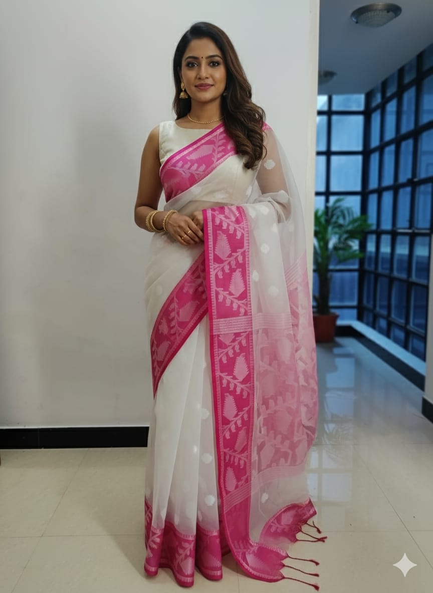 Ethereal White Kora Organza Saree with Rani Pink Woven Border
