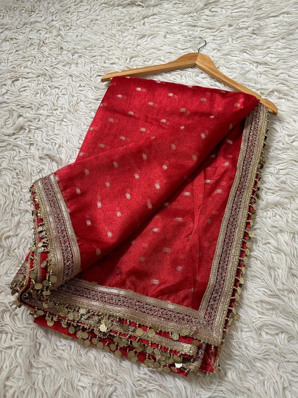 Festive Shimmer Tissue Saree with Polka Dots and Coin Lace Border
