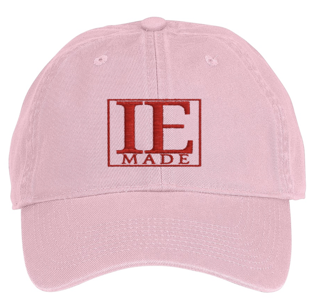 Pink hat, red embroidery