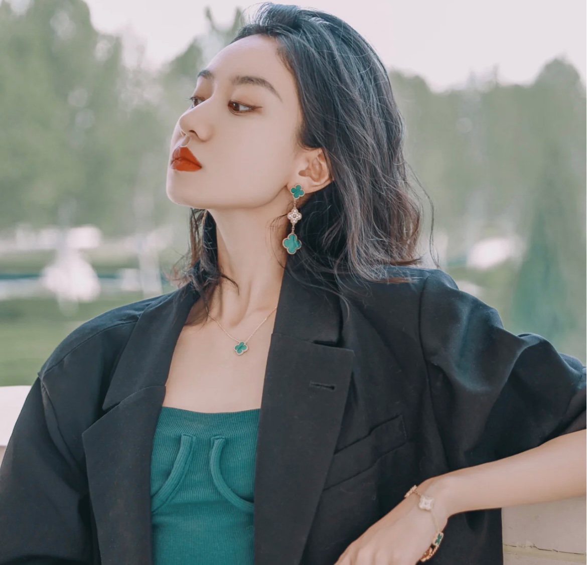 3 Four-Leaf Clover Malachite Earrings Item No.0580