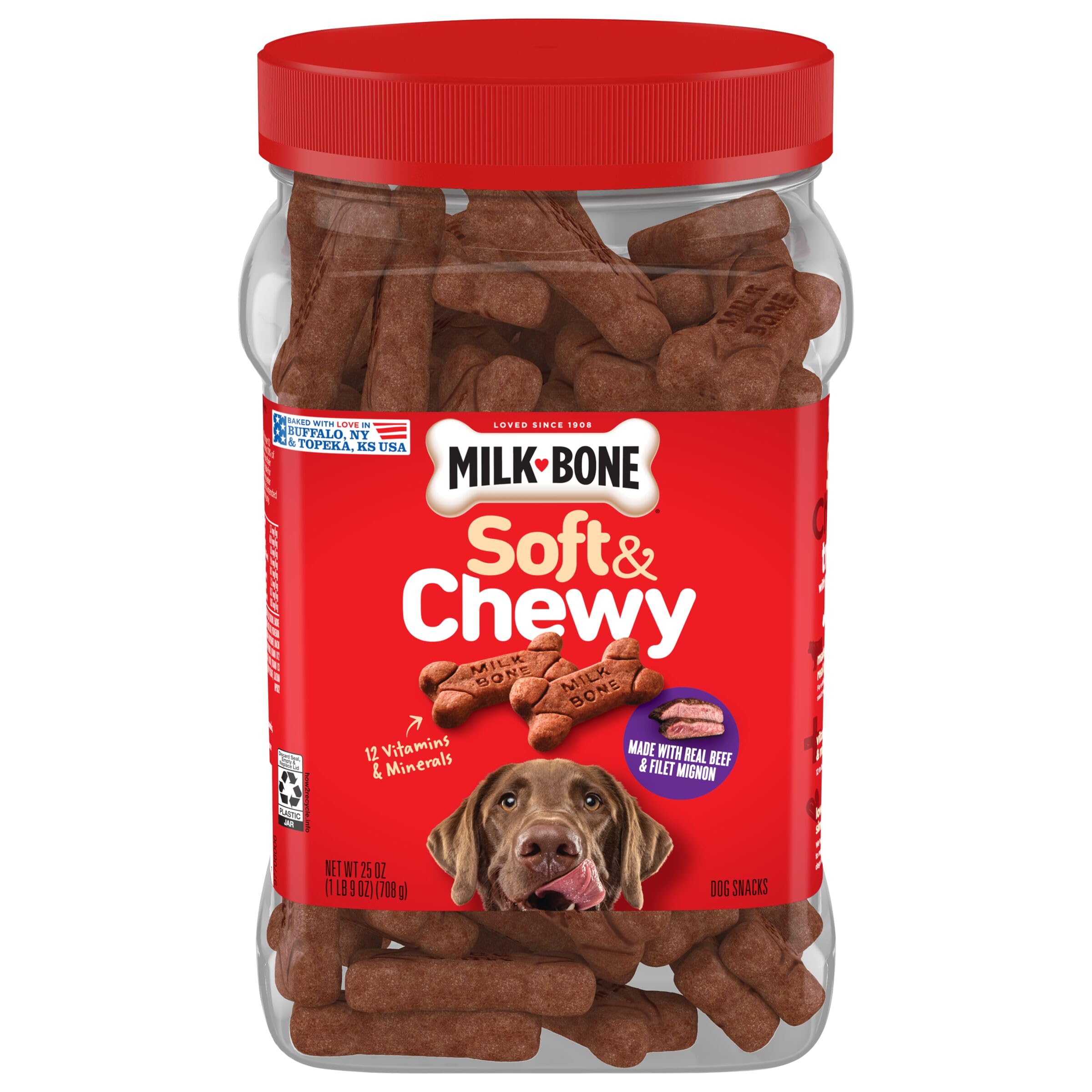 Milk-Bone Soft & Chewy Beef & Filet Mignon Recipe Dog Treats, 25-oz tub