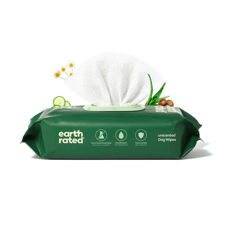 Earth Rated Thick Hypoallergenic Dog Grooming Wipes, Unscented, 100 count