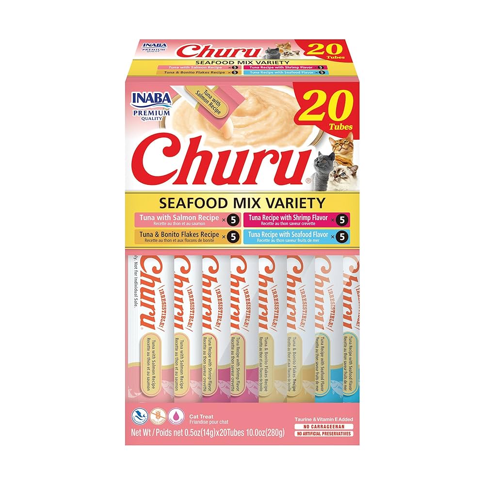 Inaba Churu Seafood Variety Creamy Puree Grain-Free Lickable Cat Treats. 0.5-oz tube, 20 count