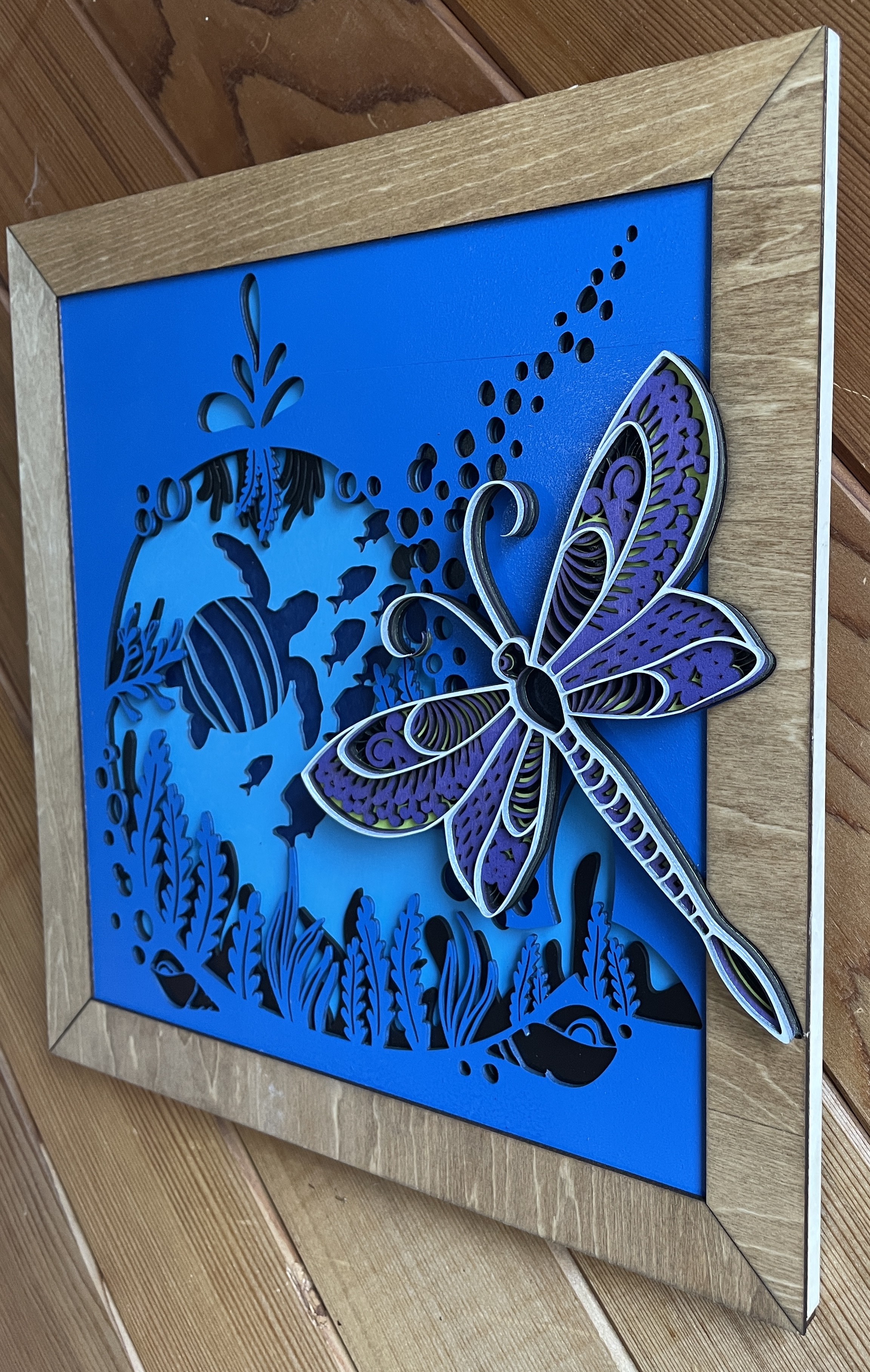 Handcrafted Layered Wood Art - Sea Turtle, Fish and Dragonfly Busting Through the Frame