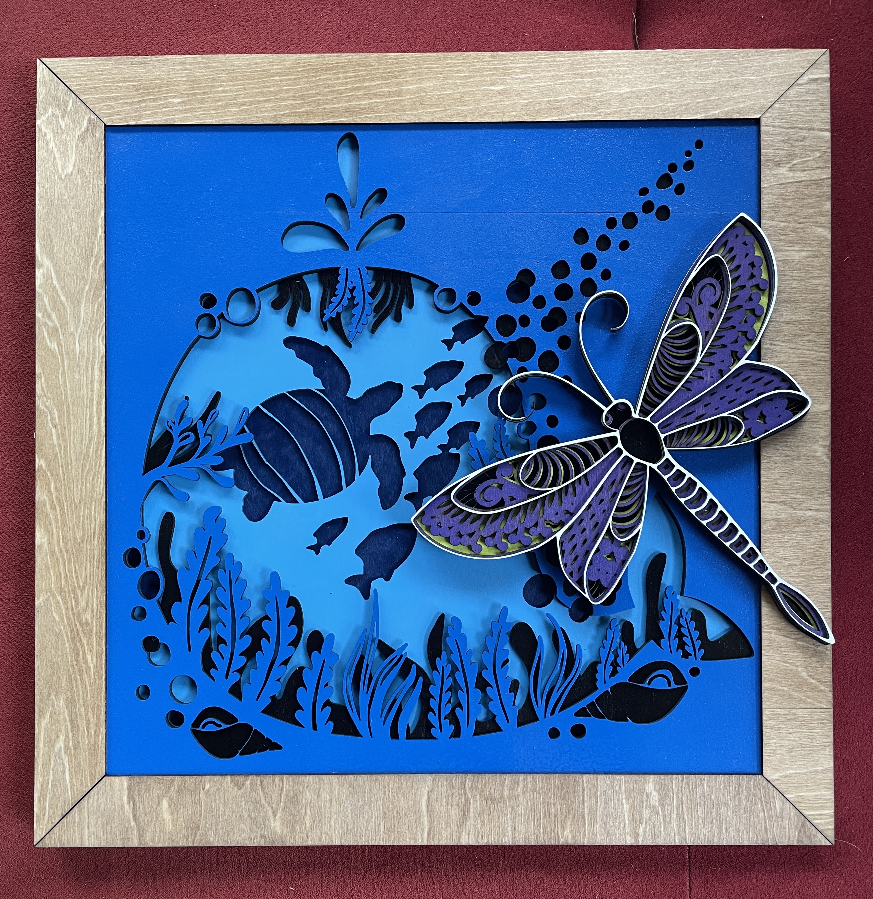 Handcrafted Layered Wood Art - Sea Turtle, Fish and Dragonfly Busting Through the Frame