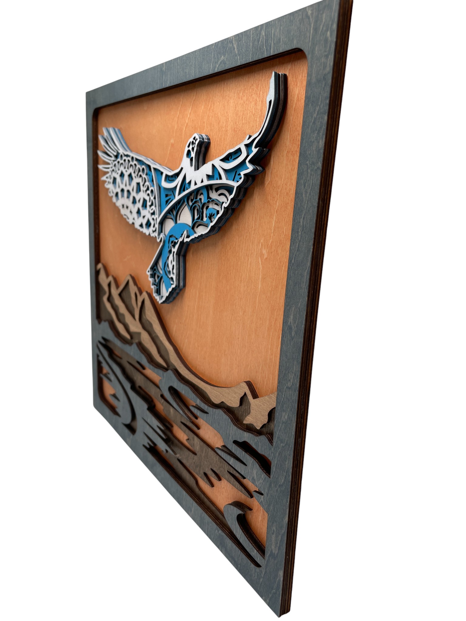 Handcrafted Layered Wood Art - Soaring Mandala Style Eagle over Mountain and Lake